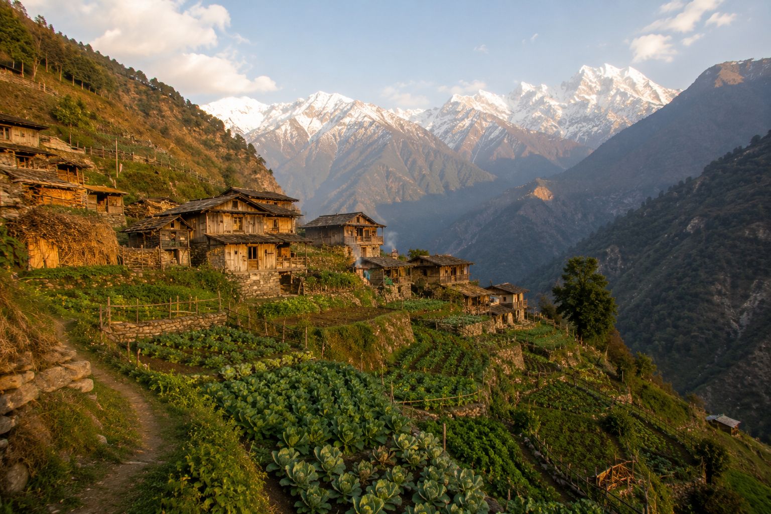 A remote mountain community with small wooden homes surrounded by terraced vegetable gardens, snow-capped peaks in the background, warm afternoon light, wide establishing shot