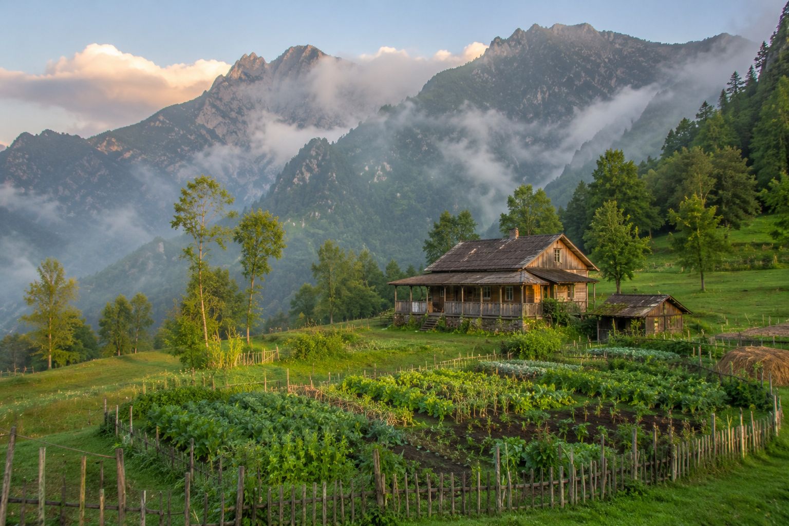 A small farmhouse and vegetable garden in a green mountain valley, morning mist over the peaks, golden early light, peaceful and expansive, documentary landscape photography