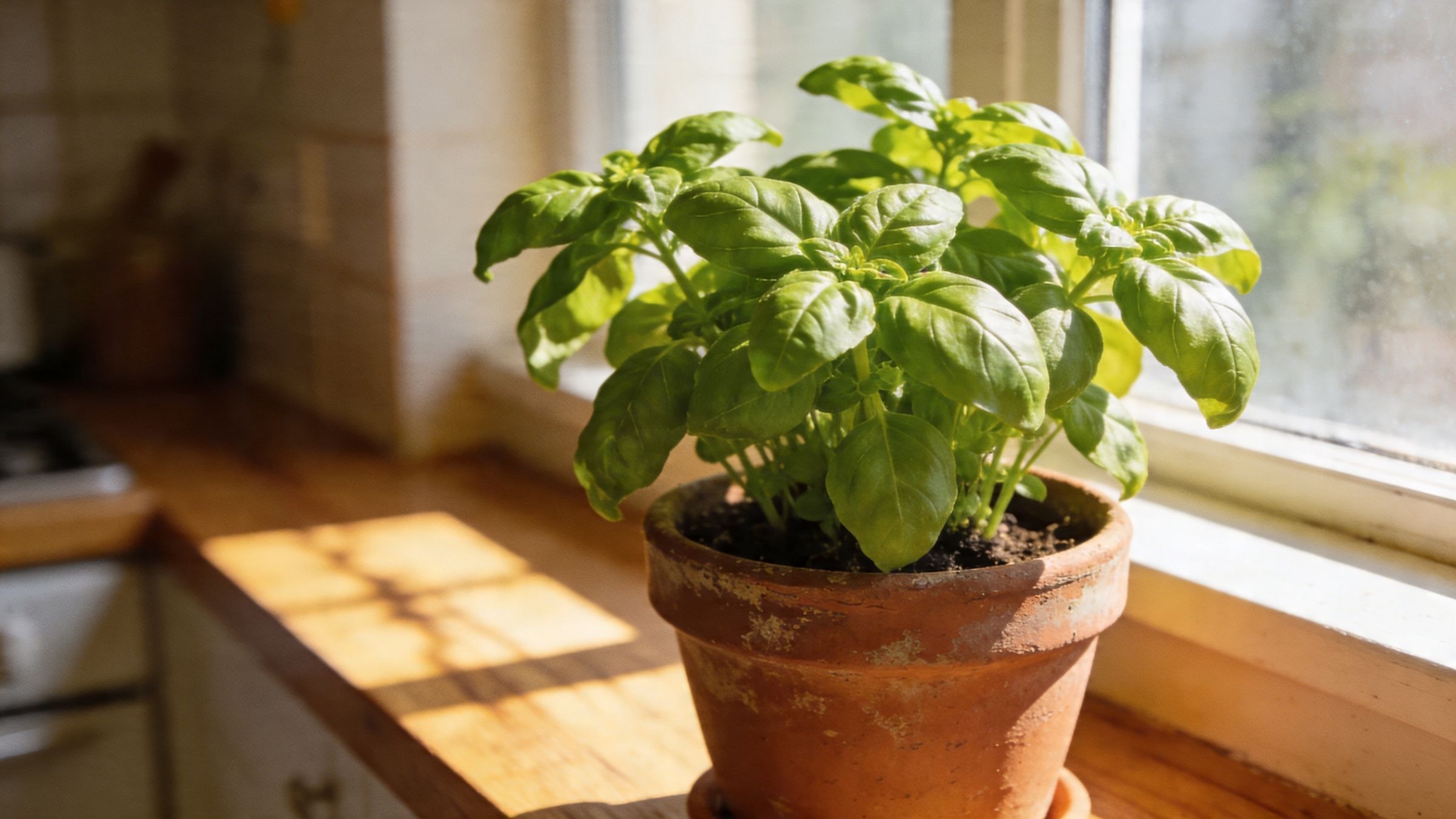 Lush basil plant growing in a terracotta pot on a sunny kitchen windowsill