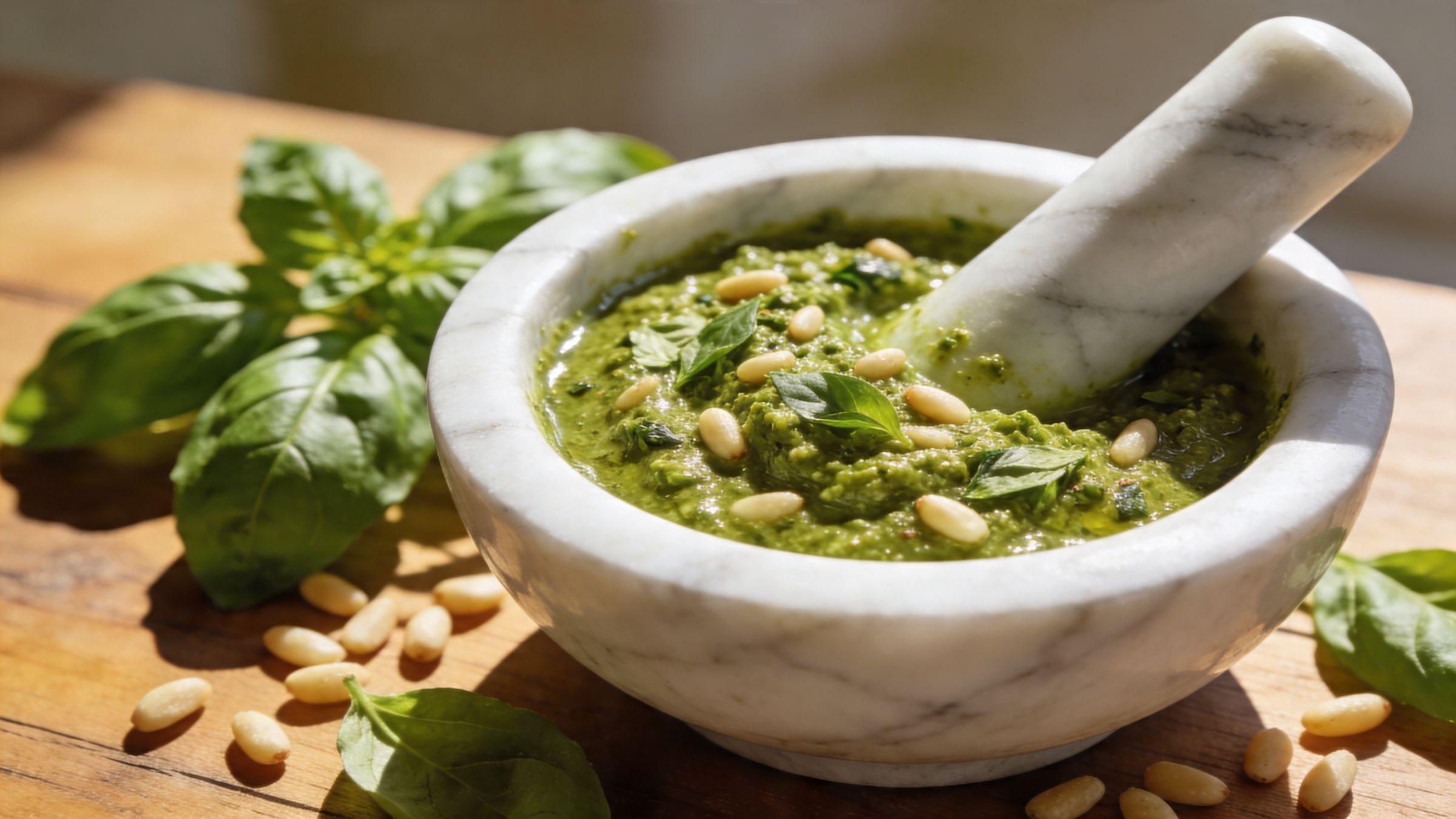 Fresh homemade pesto in a mortar with basil leaves and pine nuts