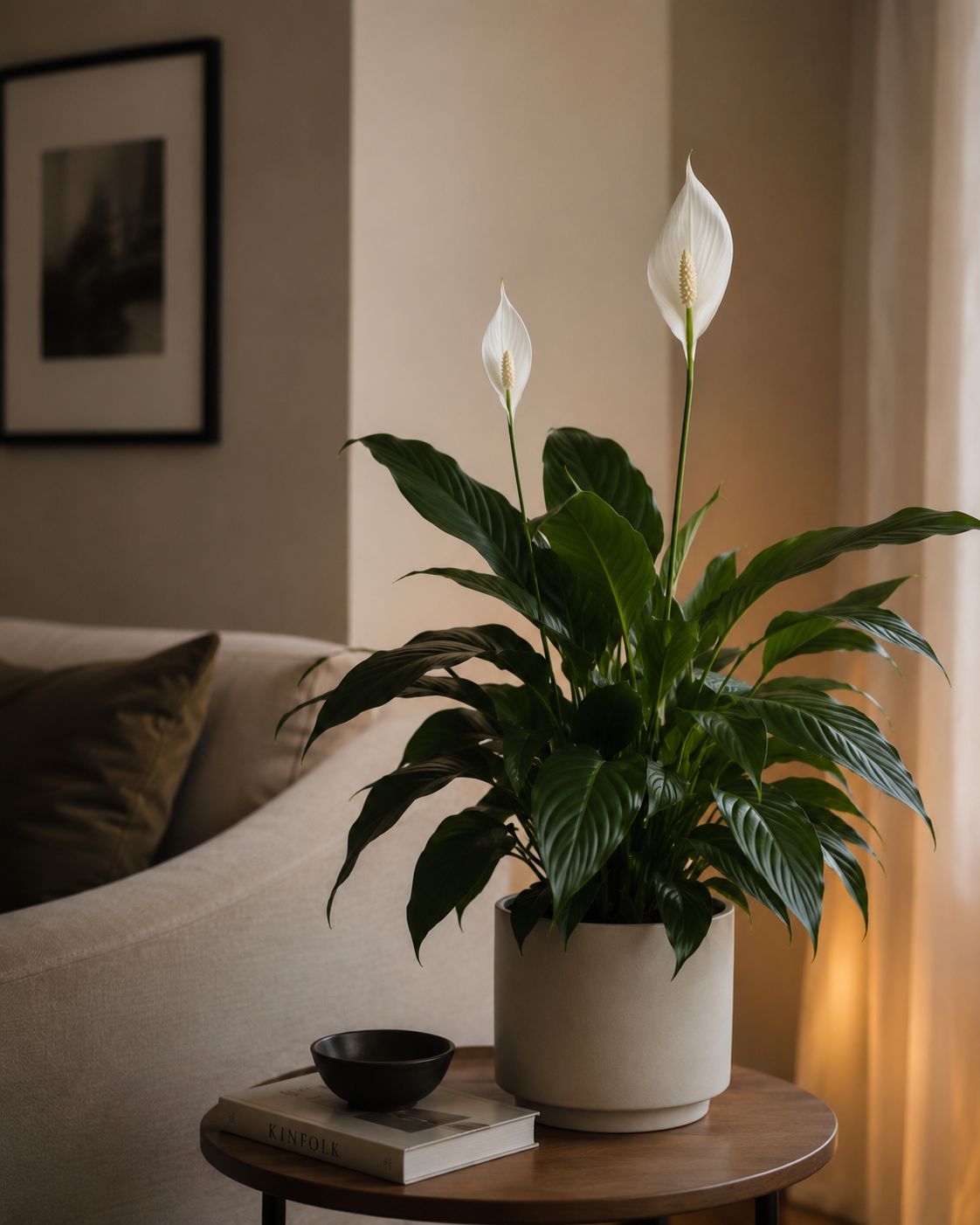 An elegant peace lily with glossy dark green leaves and two white spathes in bloom sitting on a side table in a softly lit apartment room, warm diffused light, minimal interior, lifestyle photography