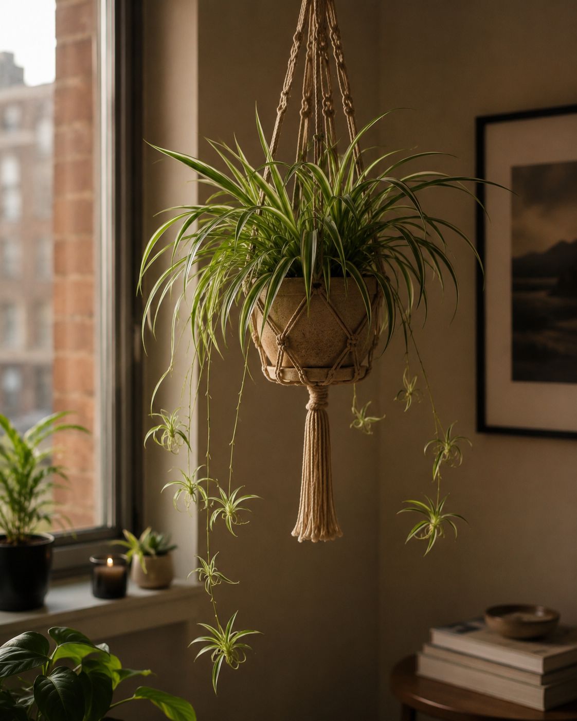A spider plant with arching green and white striped leaves and several baby spiderettes trailing from long stems, hanging in a macrame basket near a low-light window, warm ambient light, lifestyle photography