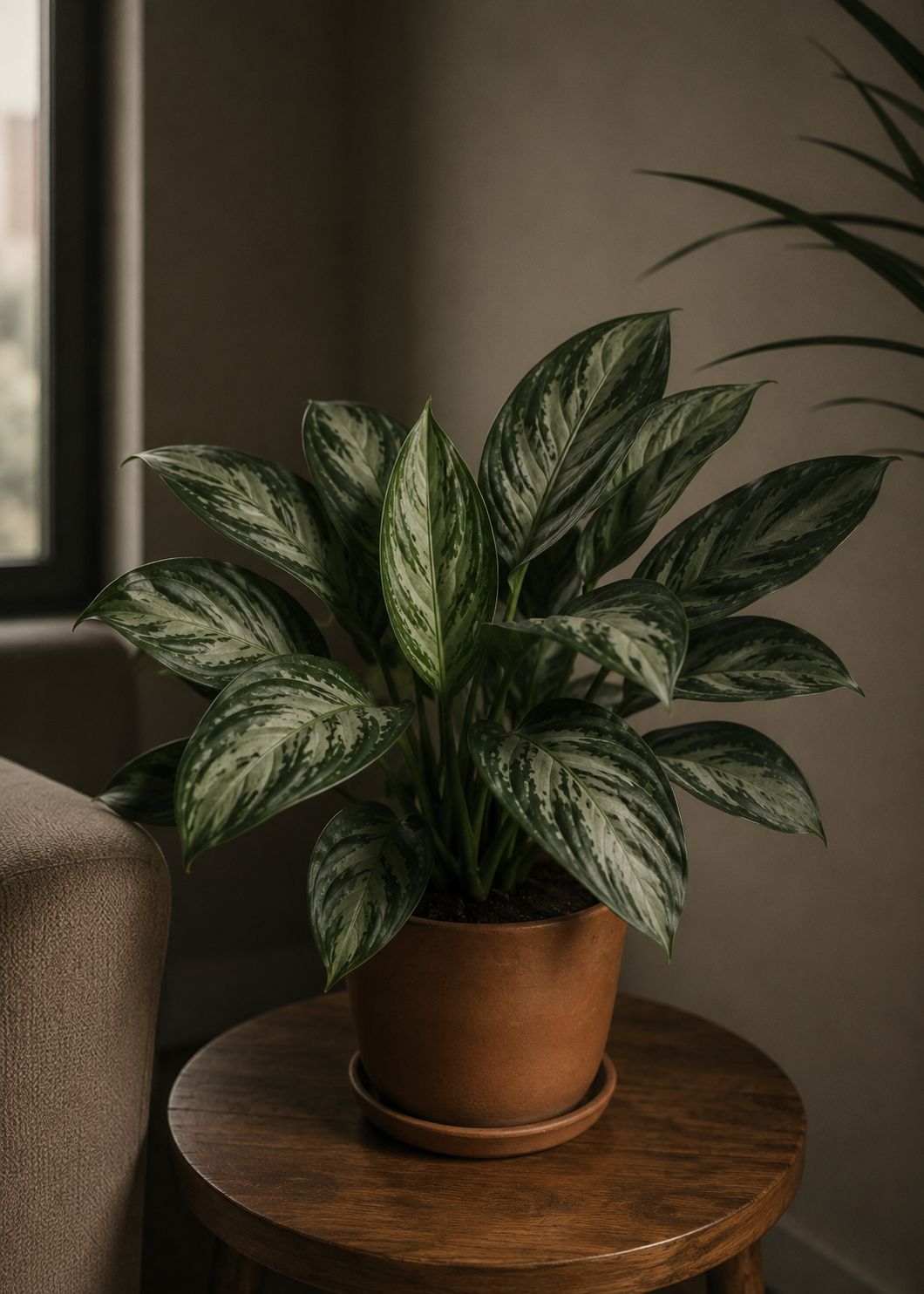 A Chinese evergreen Aglaonema with large oval deep green leaves with silver grey markings in a terracotta pot on a wooden side table in a low-light apartment room, soft diffused light, minimal interior, lifestyle photography