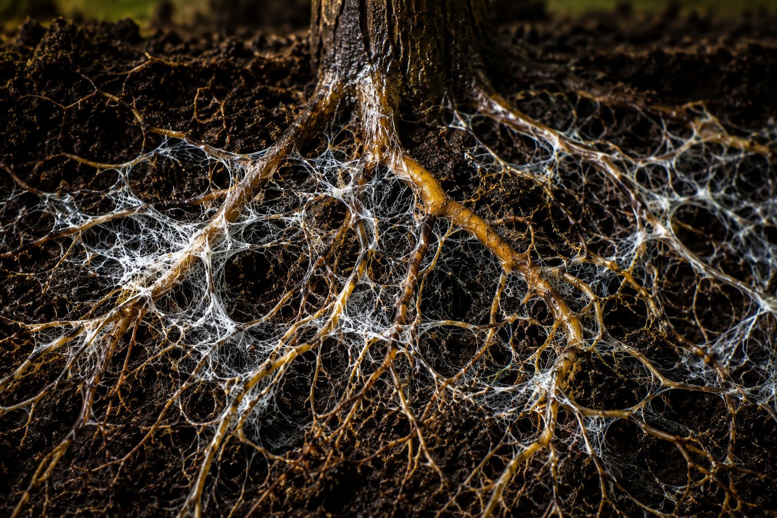 Cross-section illustration style photograph of tree roots connected by a web of white fungal mycelium threads underground, dramatic lighting showing the network structure, scientific macro photography