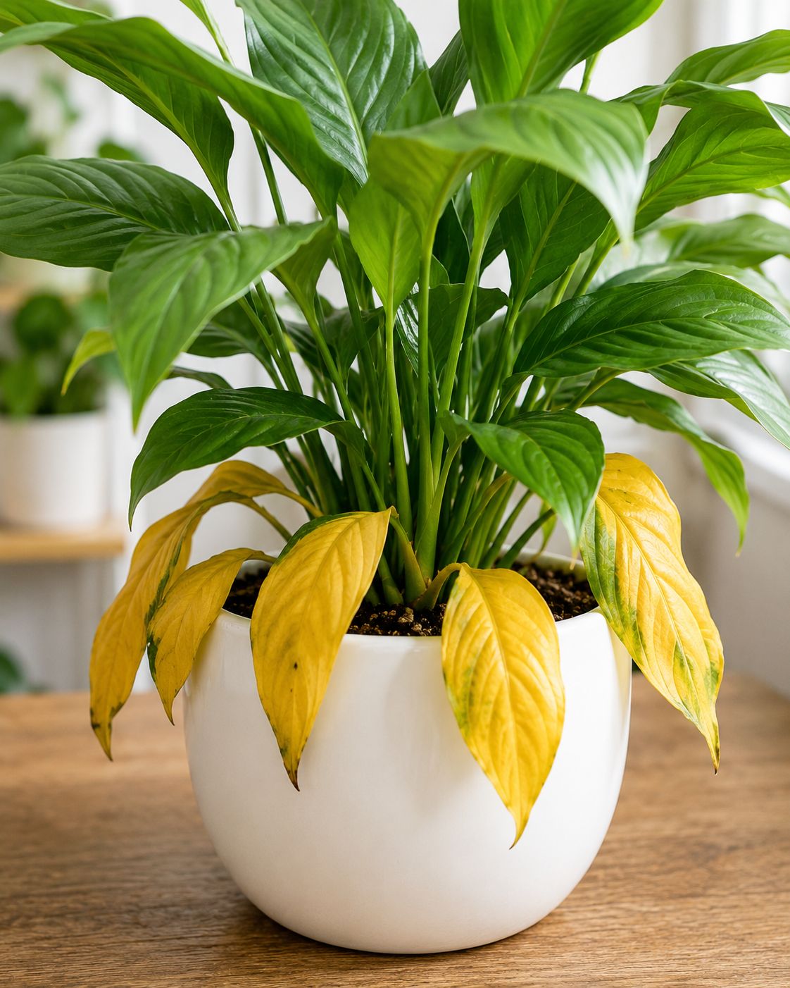 Yellow lower leaves vs healthy green upper leaves — clear contrast