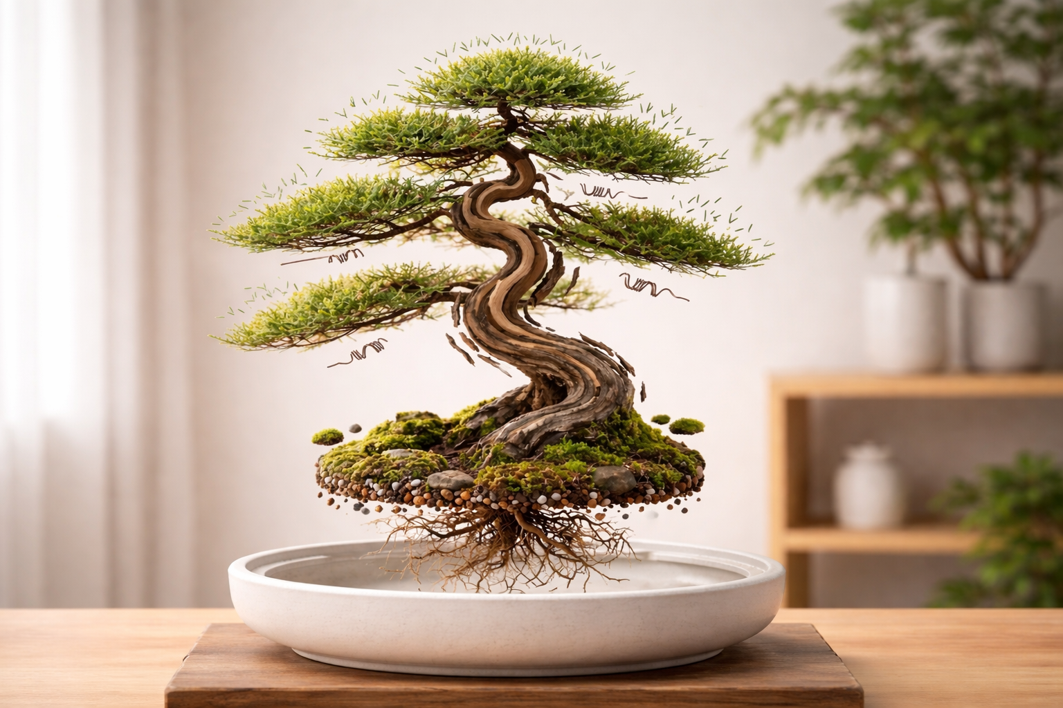 Levitating bonsai with exposed roots