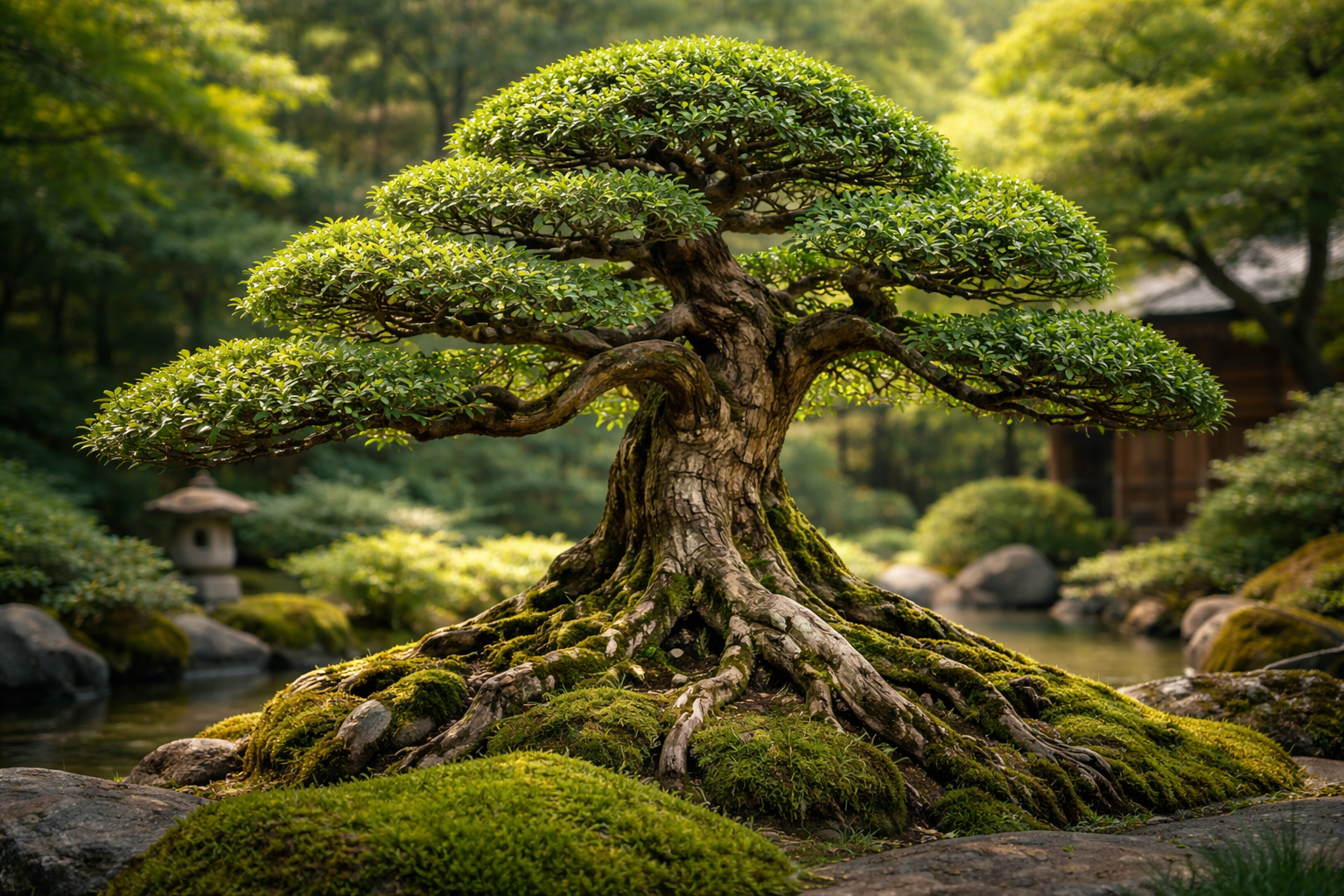 Ancient bonsai in a serene garden