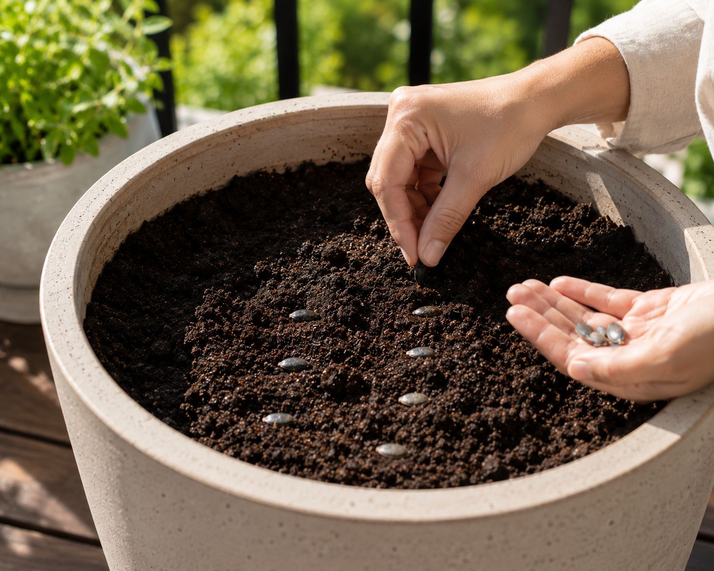Hands sowing watermelon seeds into soil