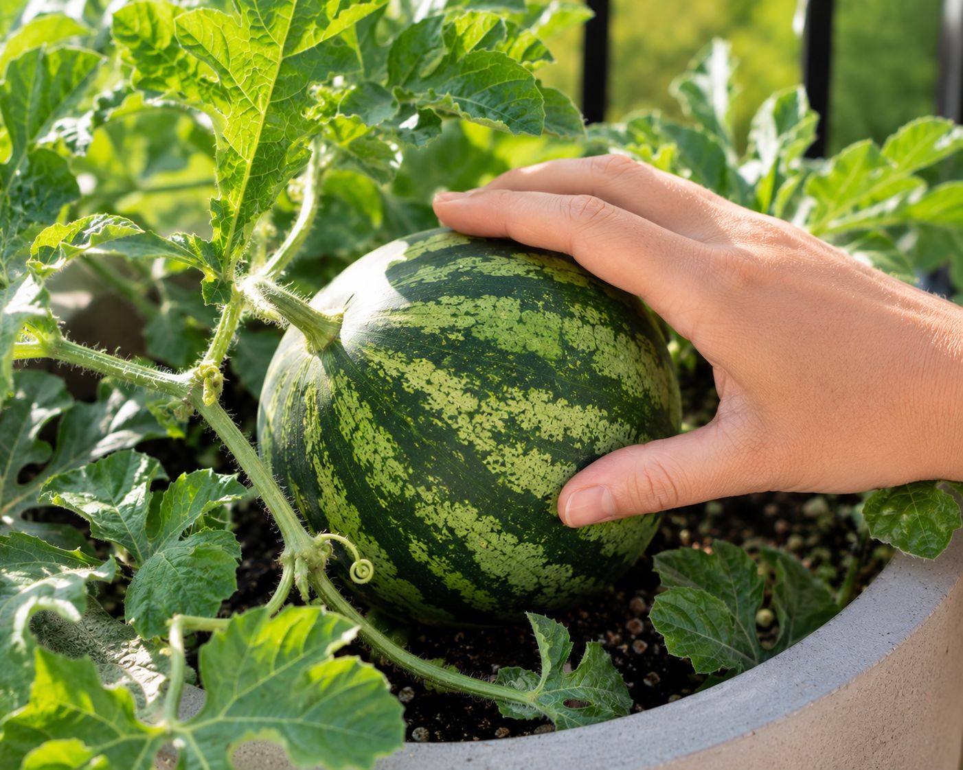 Hand checking watermelon ripeness on the vine