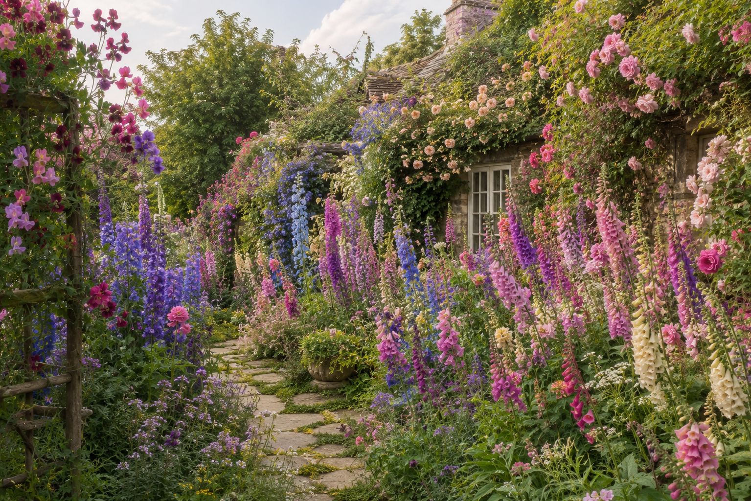 An abundant English cottage garden completely filled with foxgloves, delphiniums, climbing roses and sweet peas