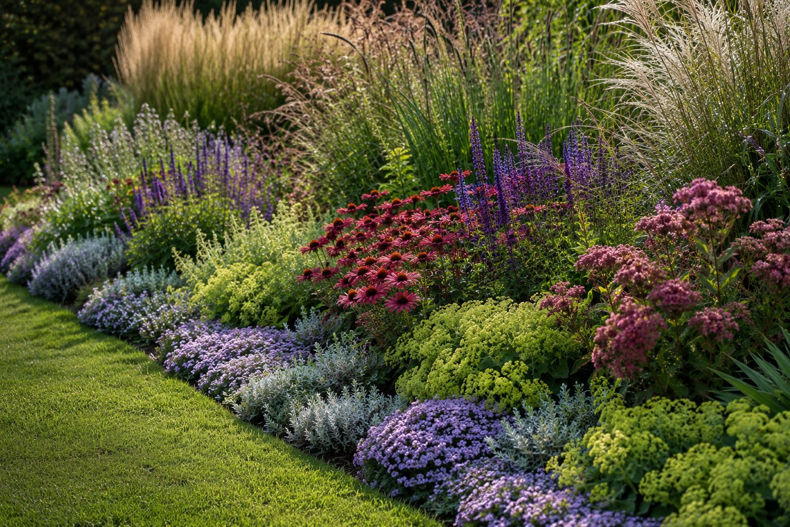 A garden border clearly showing three distinct layers of planting — tall grasses, mid-height perennials and low groundcover