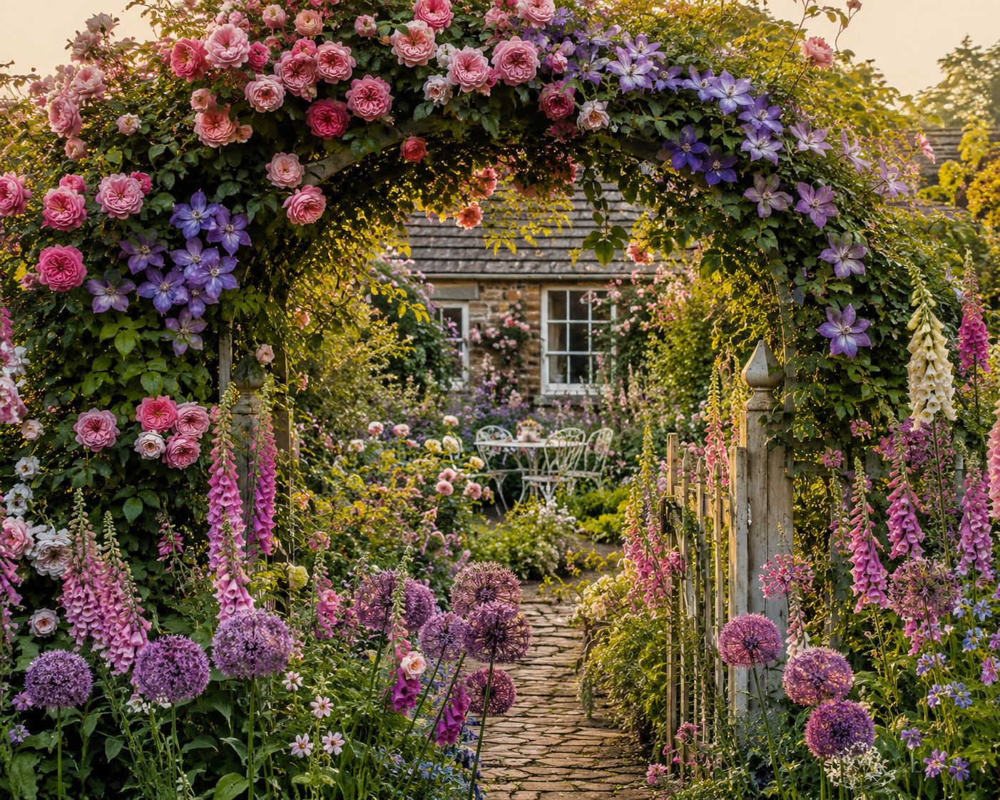 Romantic maximalist cottage garden archway with climbing roses and clematis, foxgloves below