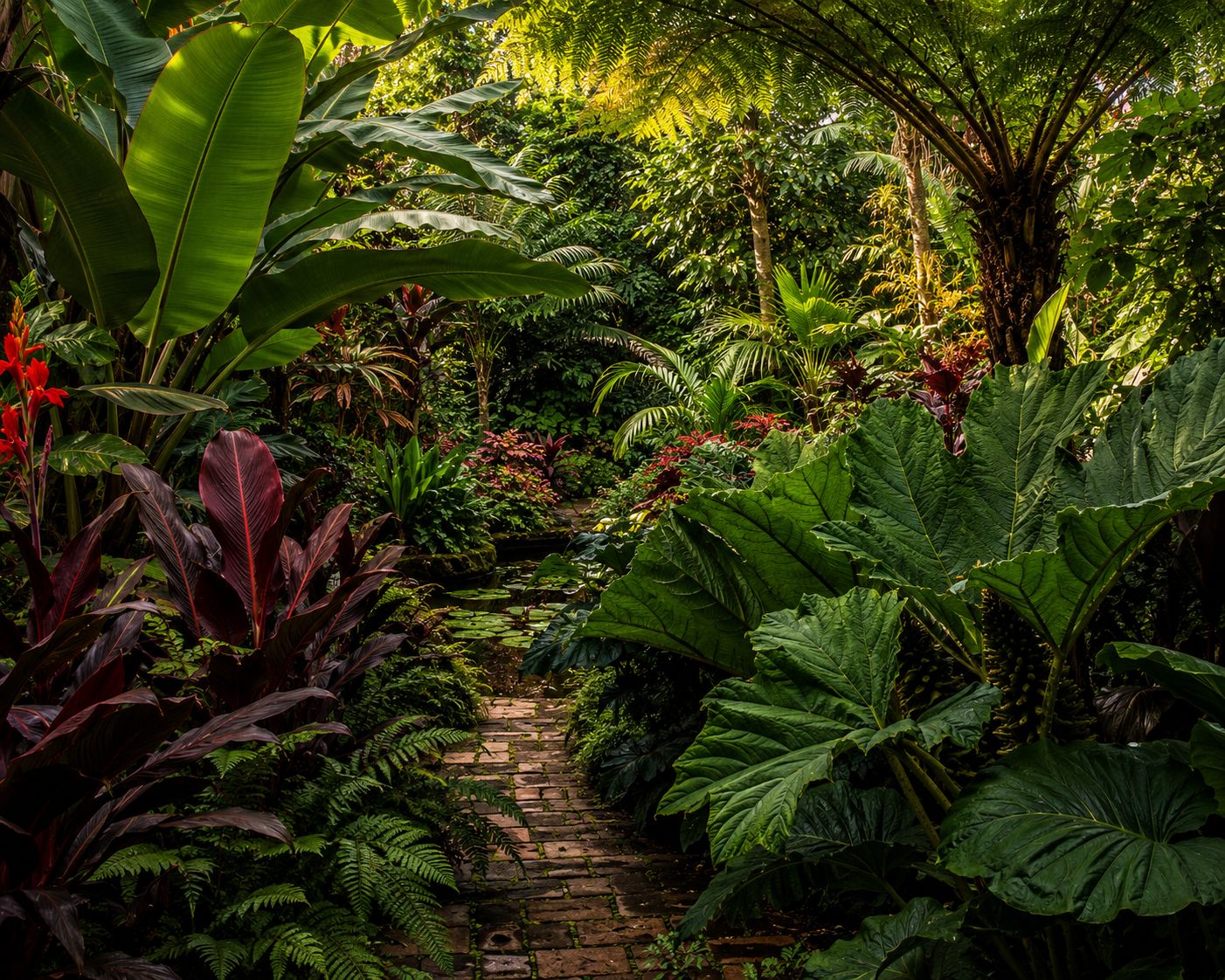Dramatic tropical maximalist garden with enormous banana leaves, canna lily foliage and tree ferns