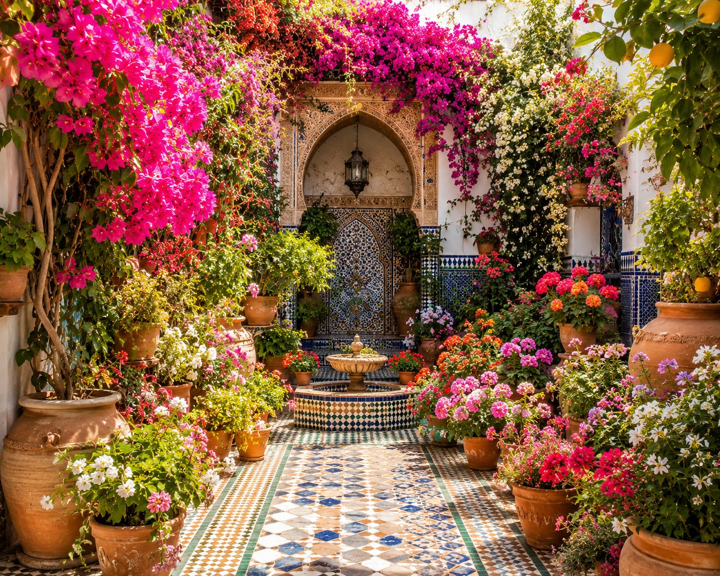 Sun-drenched Moroccan courtyard garden with terracotta pots, bougainvillea and mosaic tiles