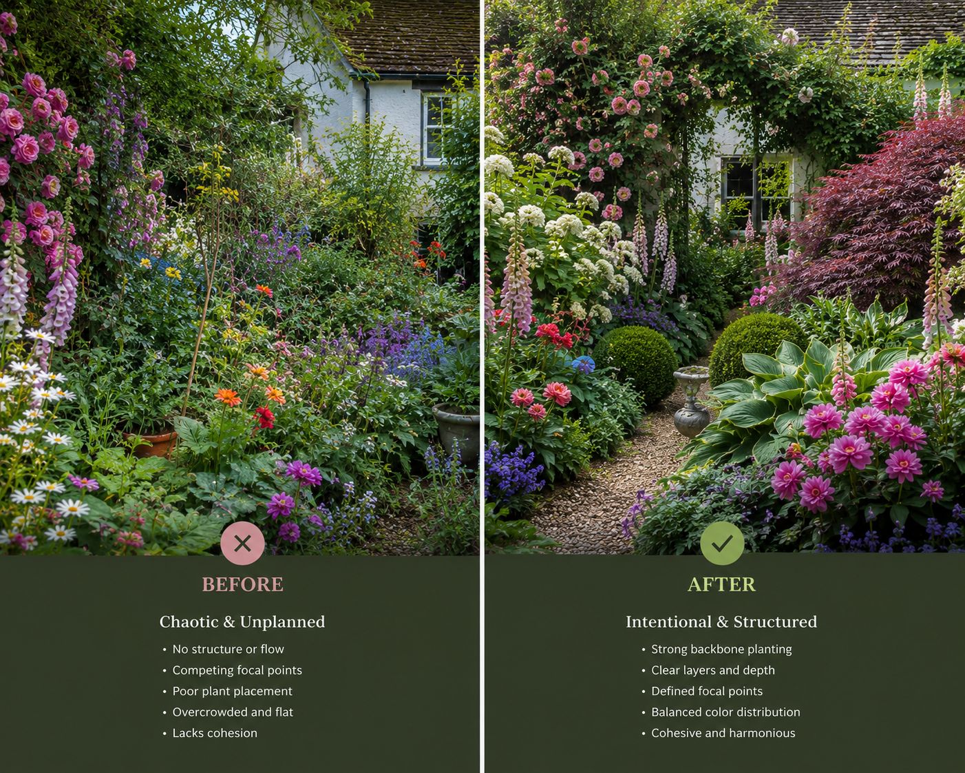 Side-by-side: chaotic unplanned garden versus same space with intentional backbone structure and colour anchor