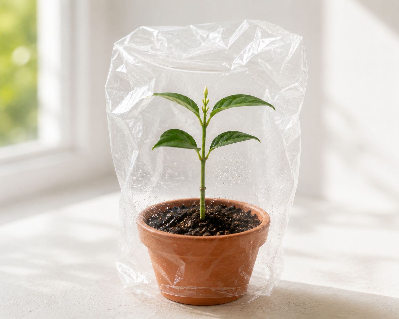 Jasmine cutting planted in pot covered with plastic bag