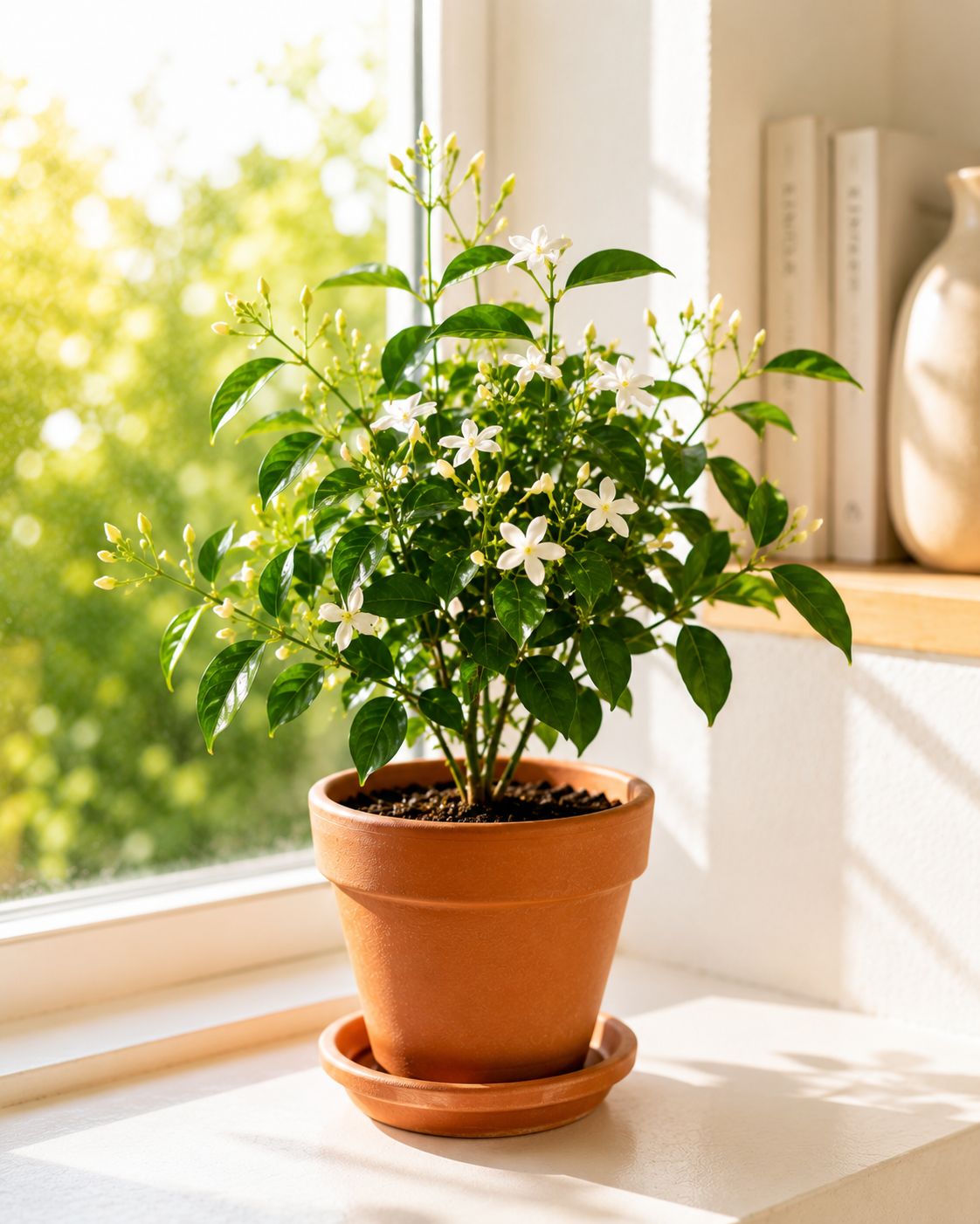 Jasmine plant on a bright sunny windowsill with buds