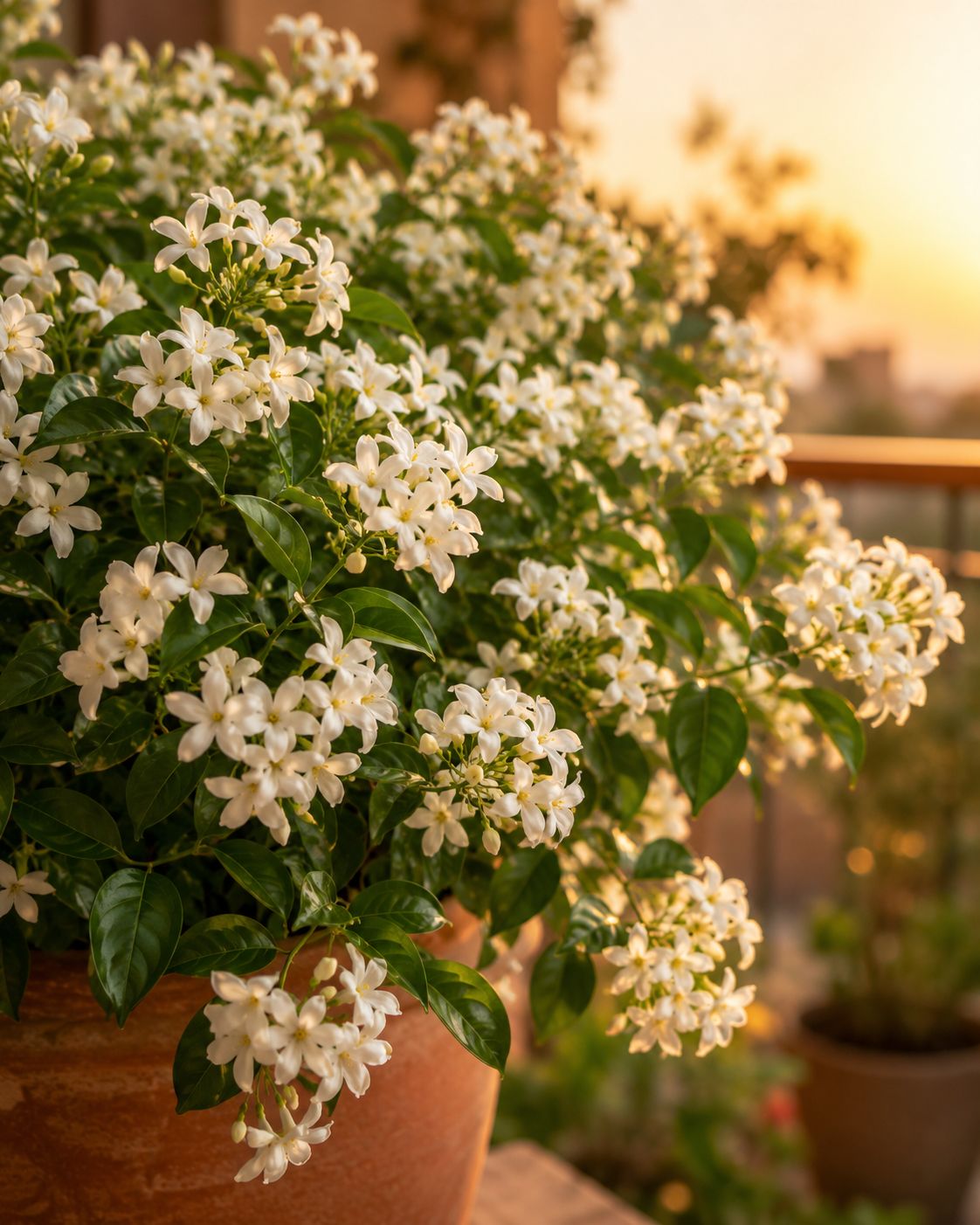 Jasmine plant covered in white flowers in full bloom