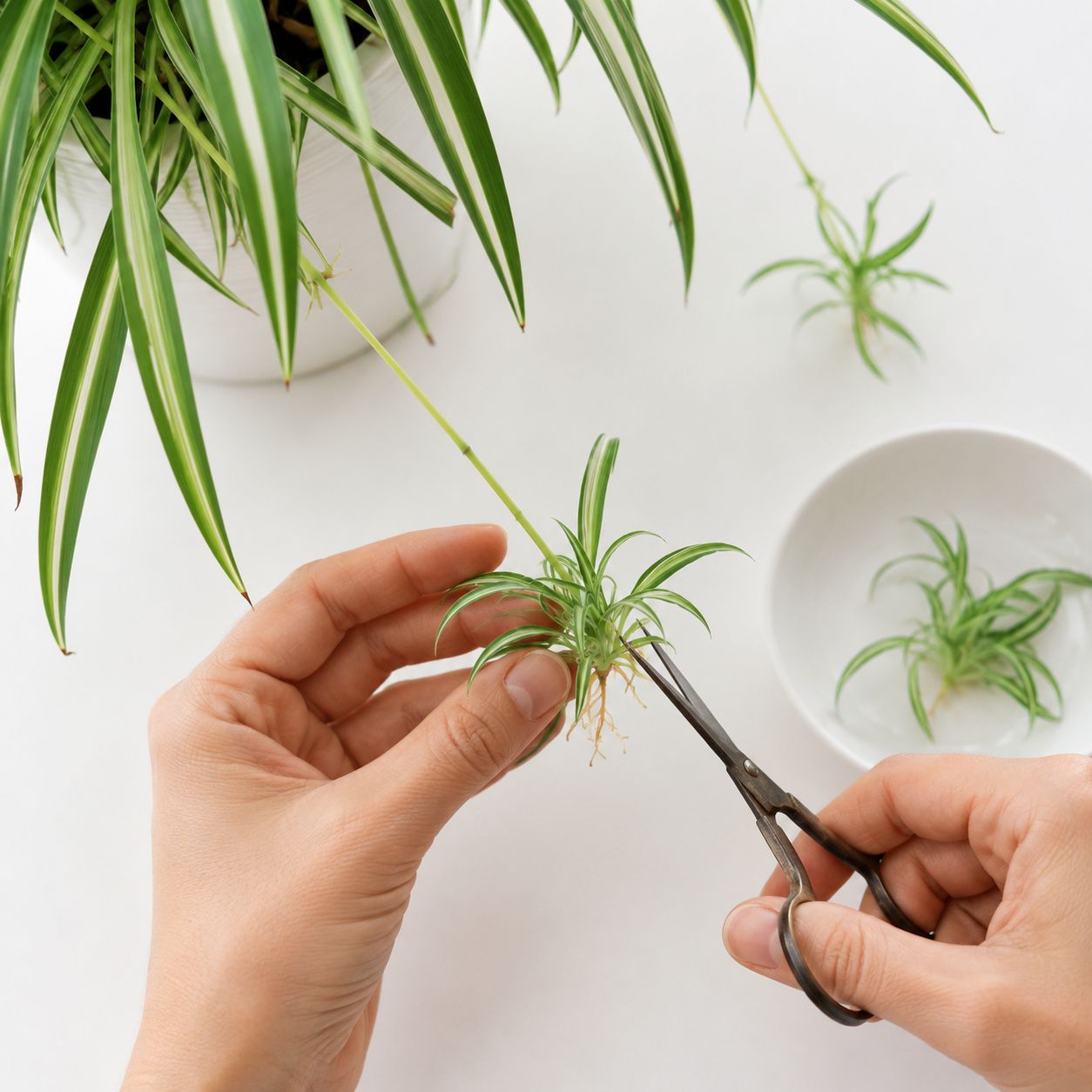 Spider plant baby offset being snipped from mother plant