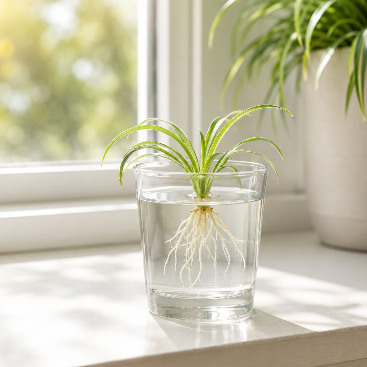 Spider plant baby rooting in a small glass of water