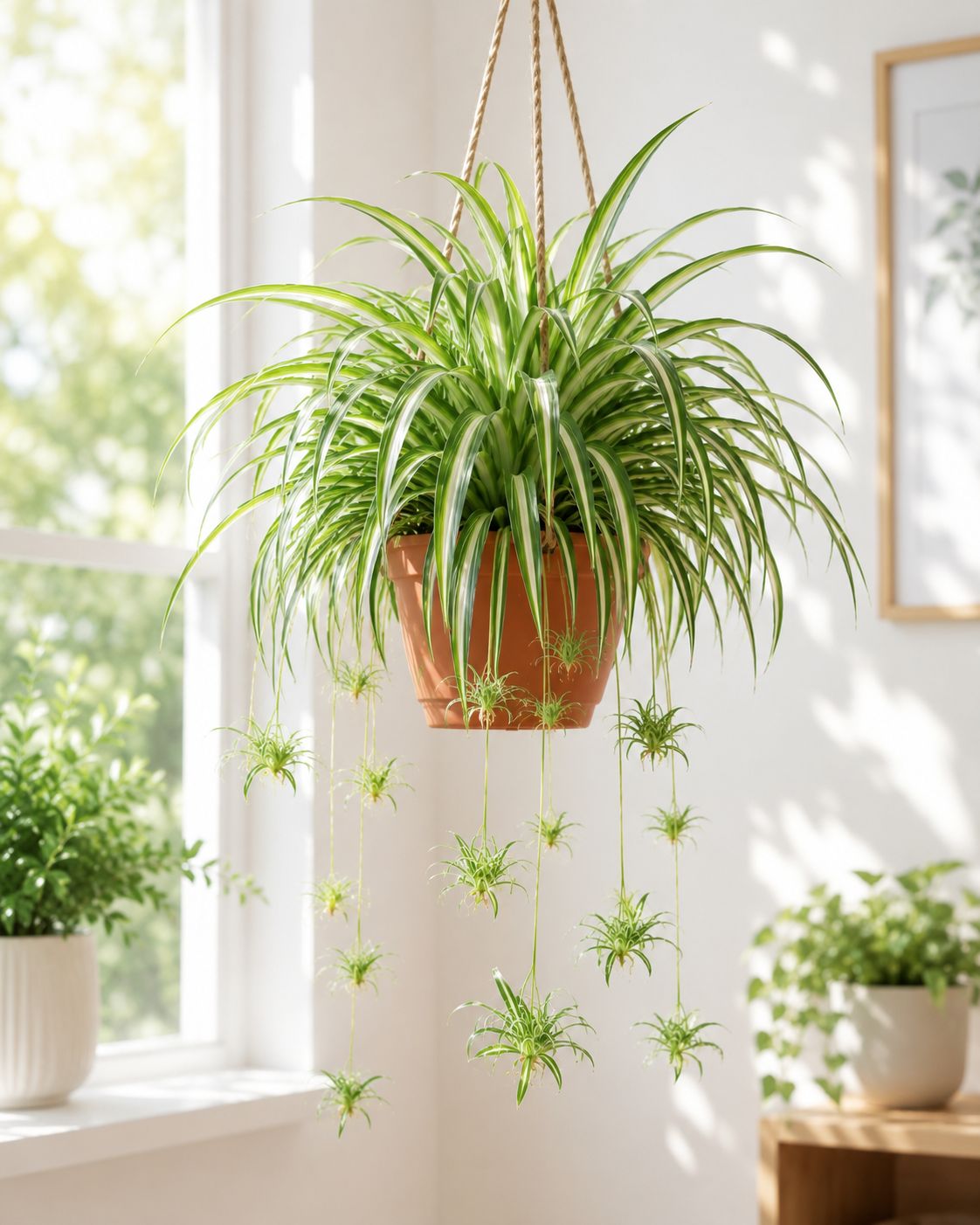 Spider plant in a hanging basket near bright window