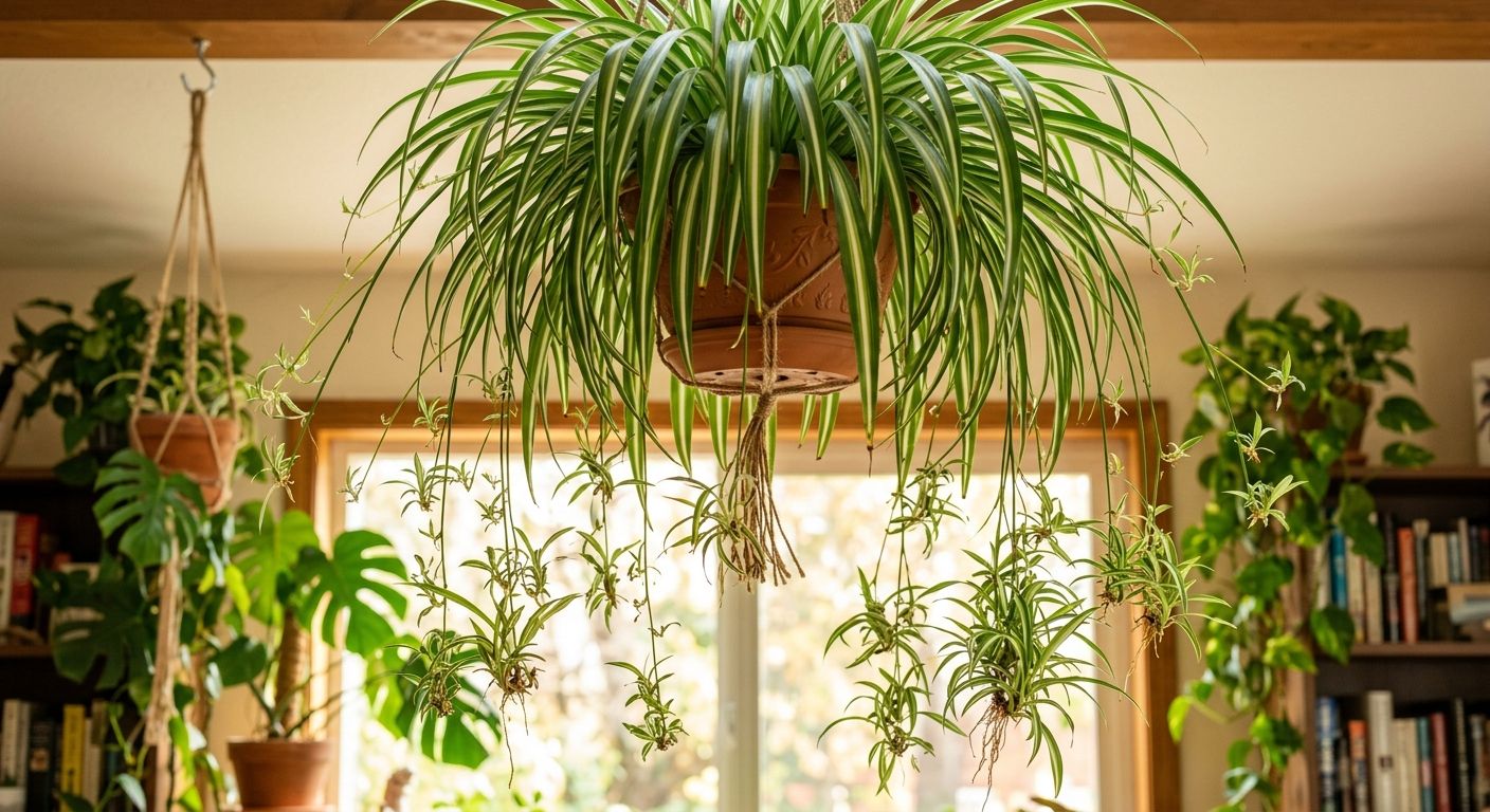 Mature spider plant with multiple babies dangling on runners