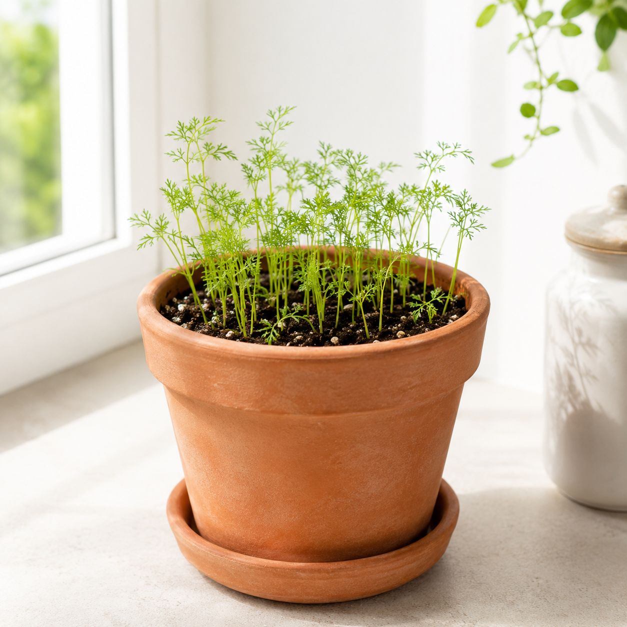 Chamomile seedlings in well draining soil near bright window