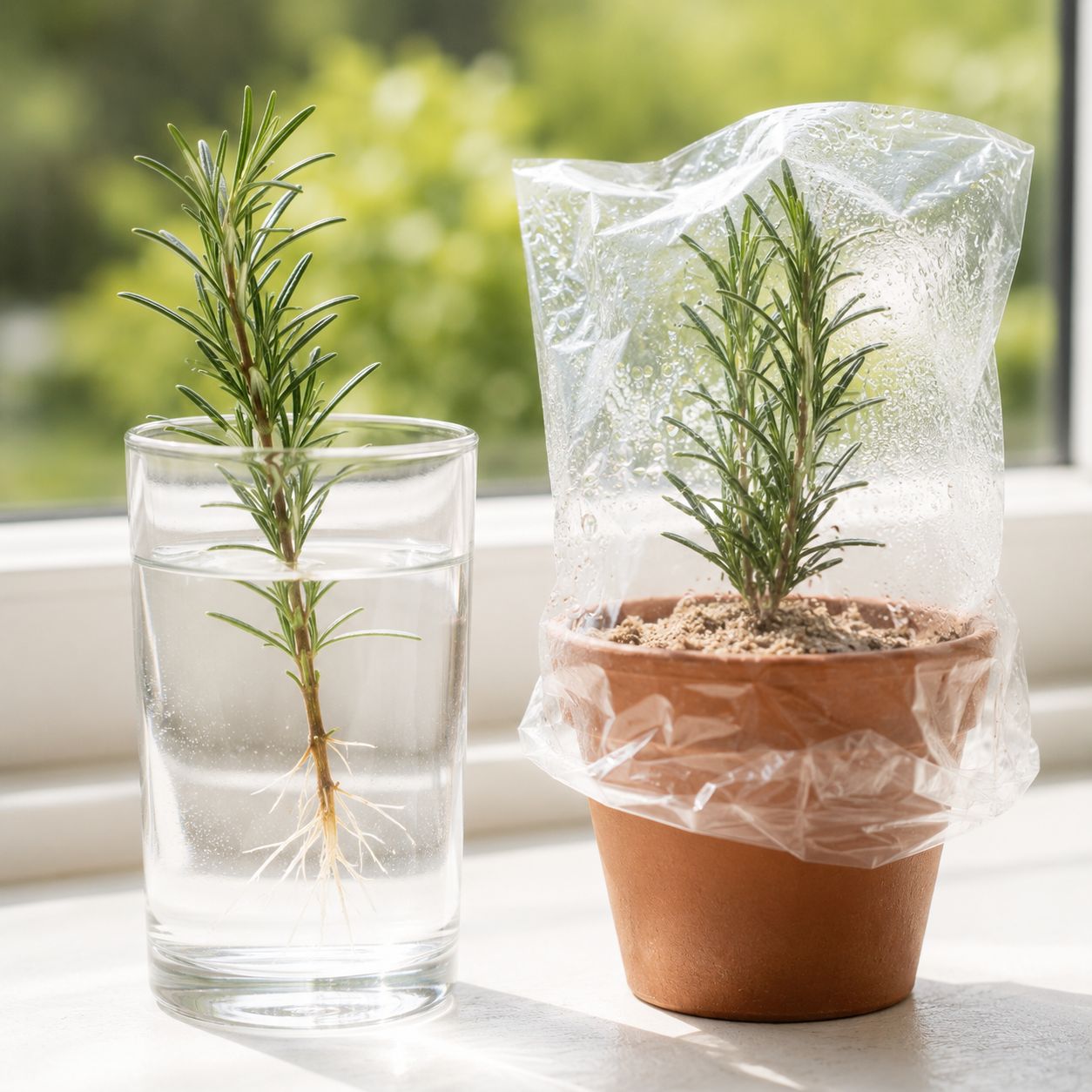 Rosemary cutting rooting in glass of water on windowsill