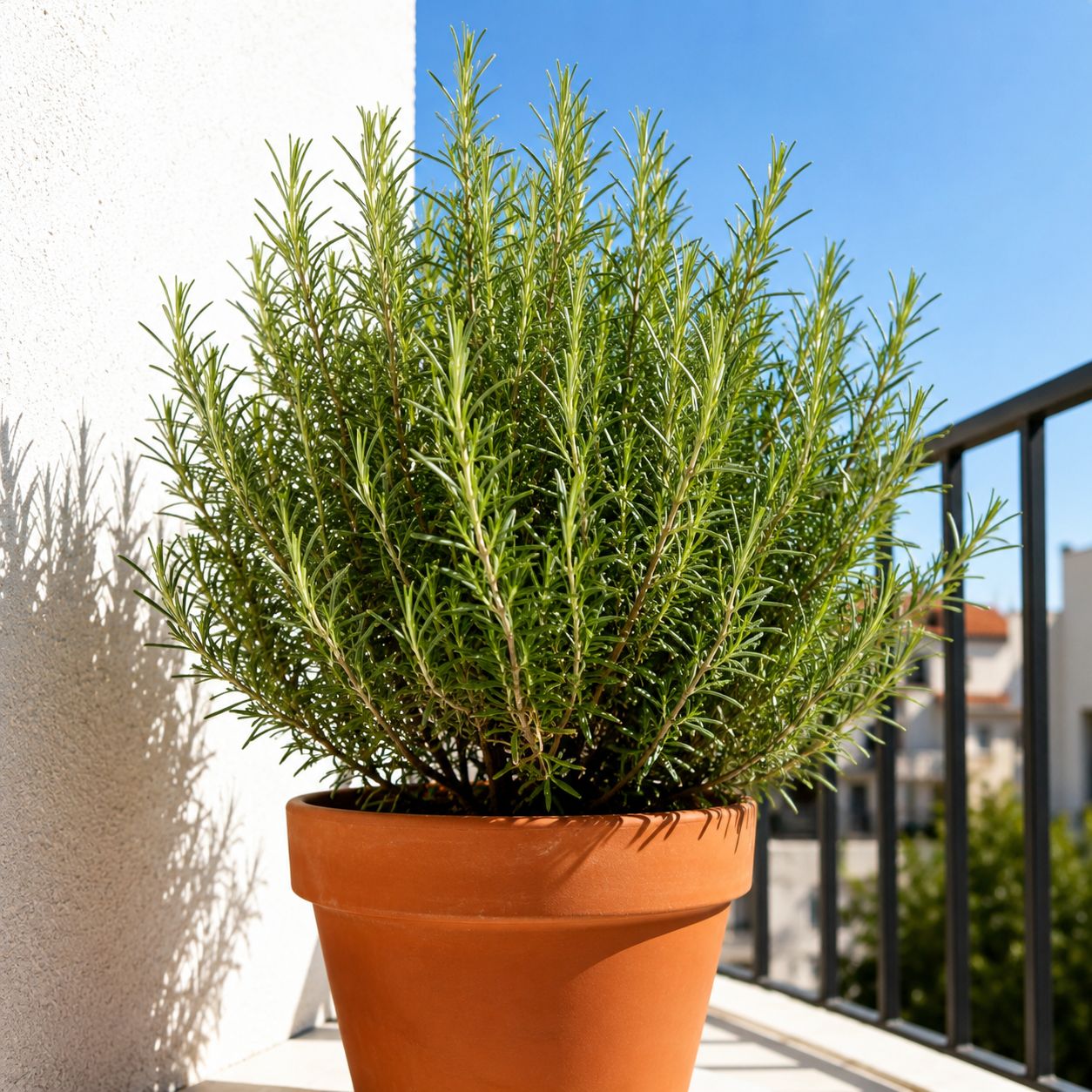 Rosemary plant in full sun on a bright balcony or windowsill