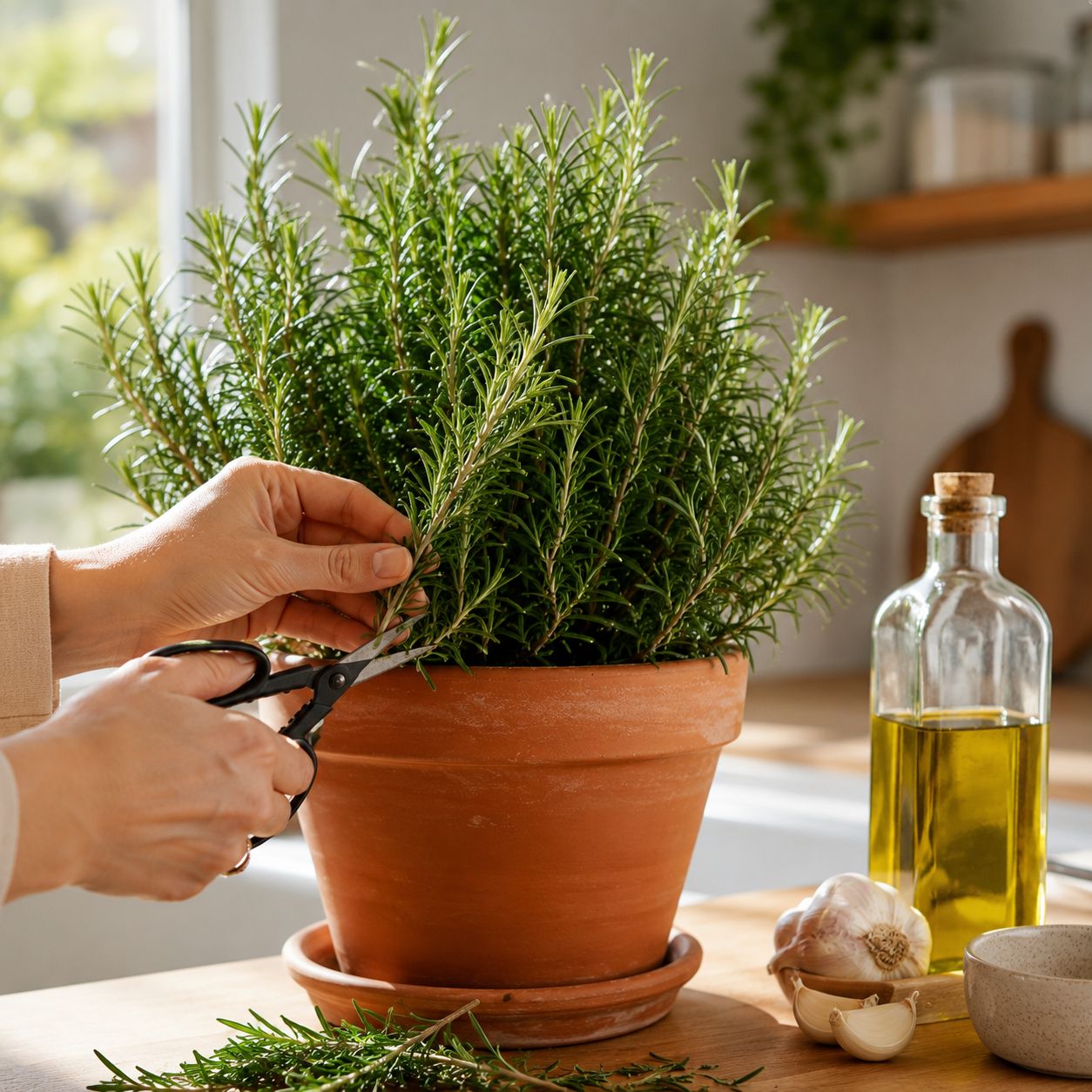 Hands snipping fresh rosemary sprigs from a large established plant
