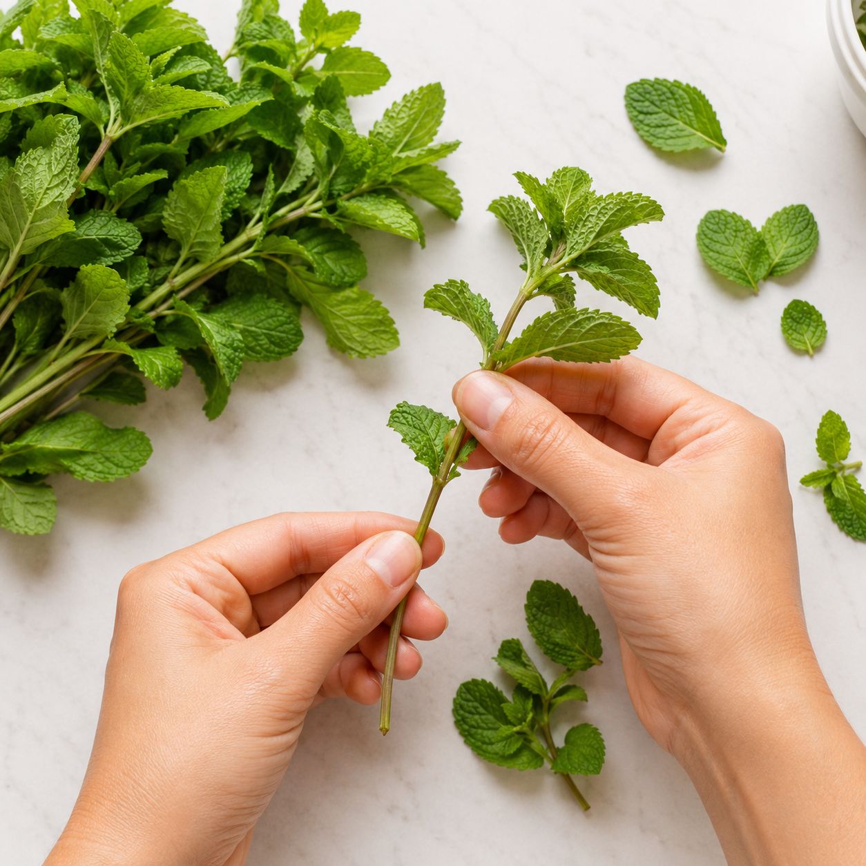 Fresh mint stems from grocery store being prepared