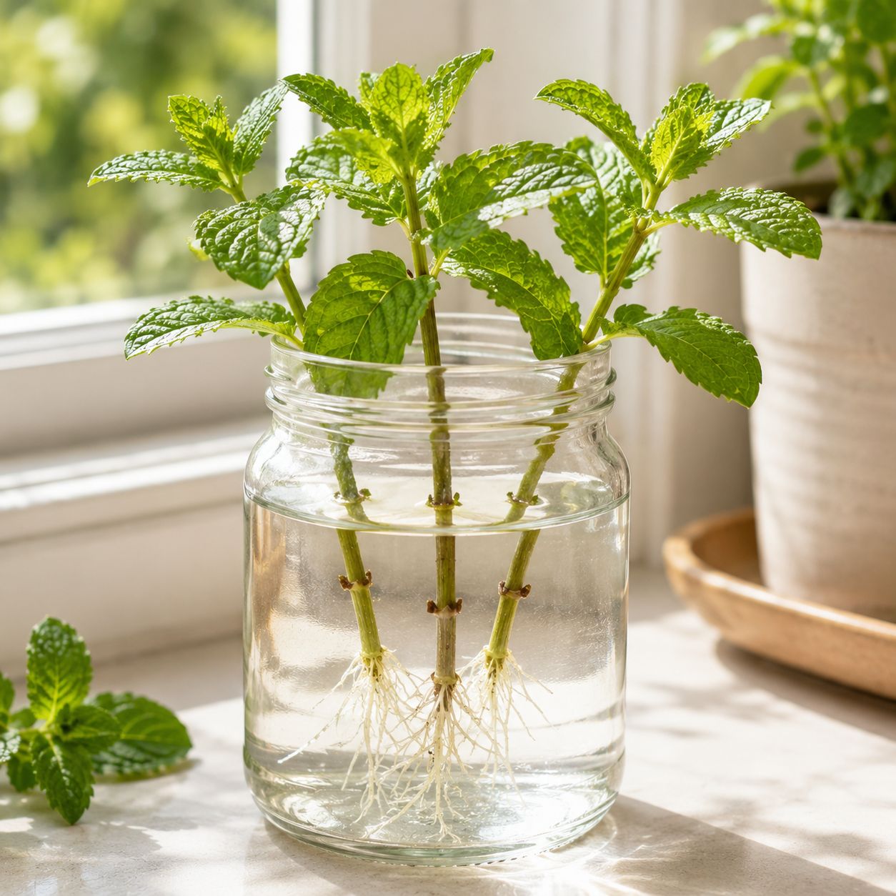 Mint stems rooting in a clear glass of water on bright windowsill