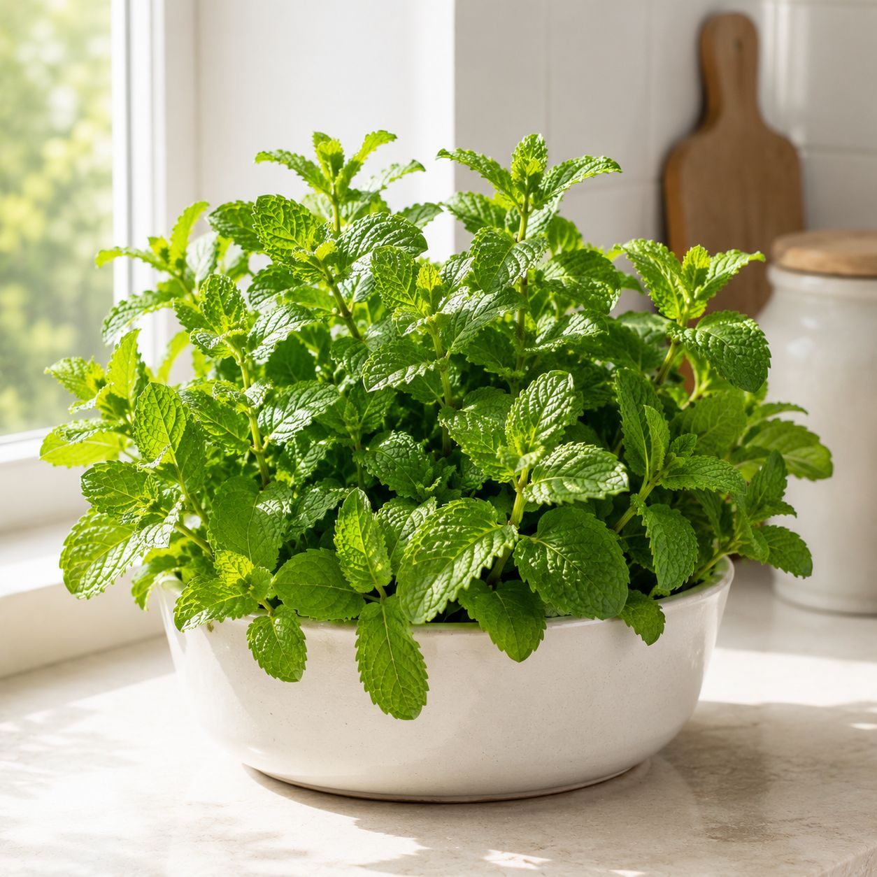 Mint planted in a deep pot on a sunny kitchen windowsill