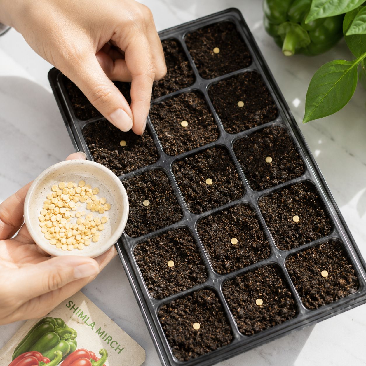 Fresh shimla mirch seeds being sown in small seedling trays
