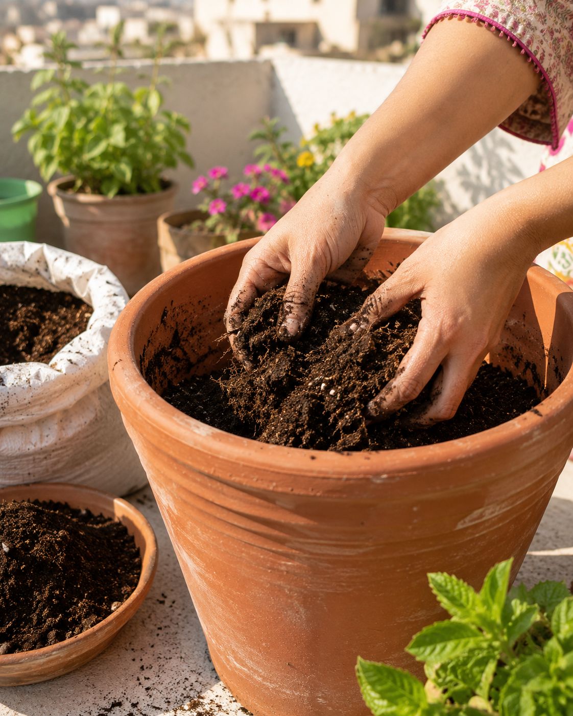 Deep terracotta pot being filled with rich potting mix for shimla mirch