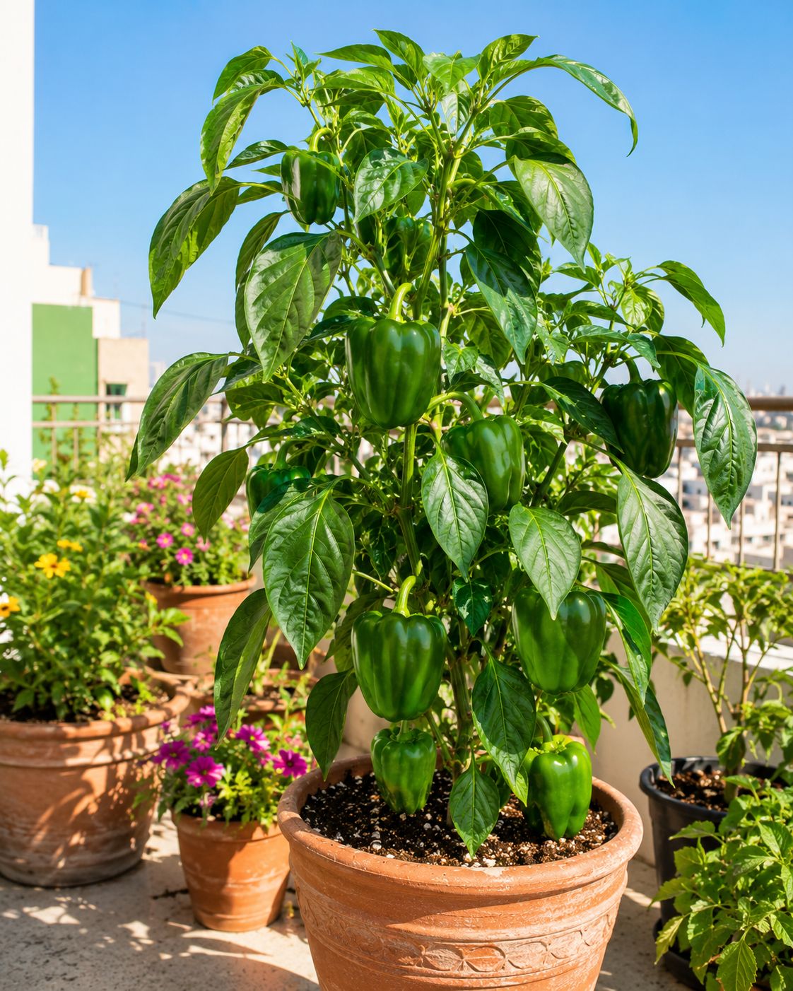Healthy shimla mirch plant with dark green leaves in full sun on a balcony