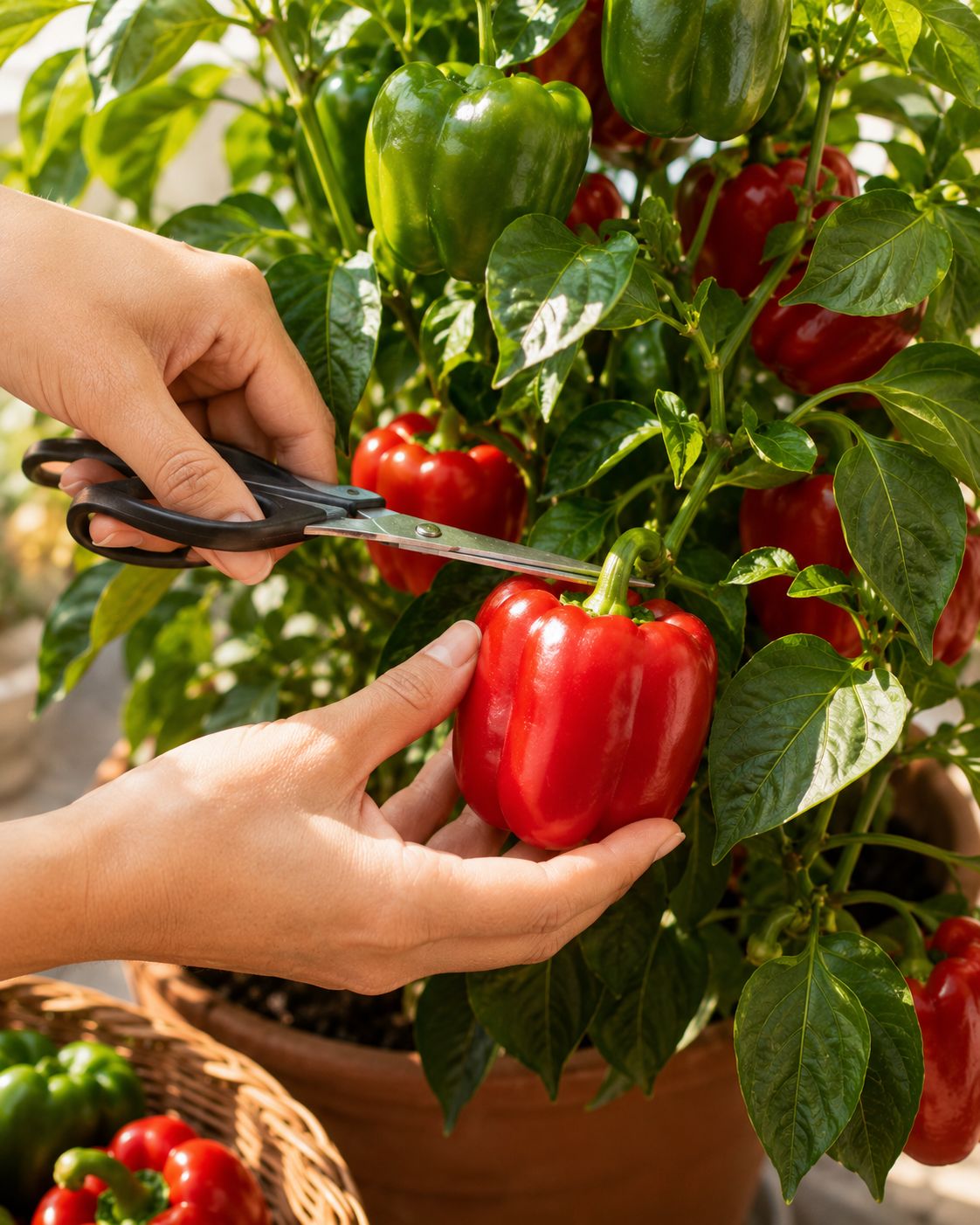 Hands picking a large glossy red shimla mirch from a plant heavy with fruit