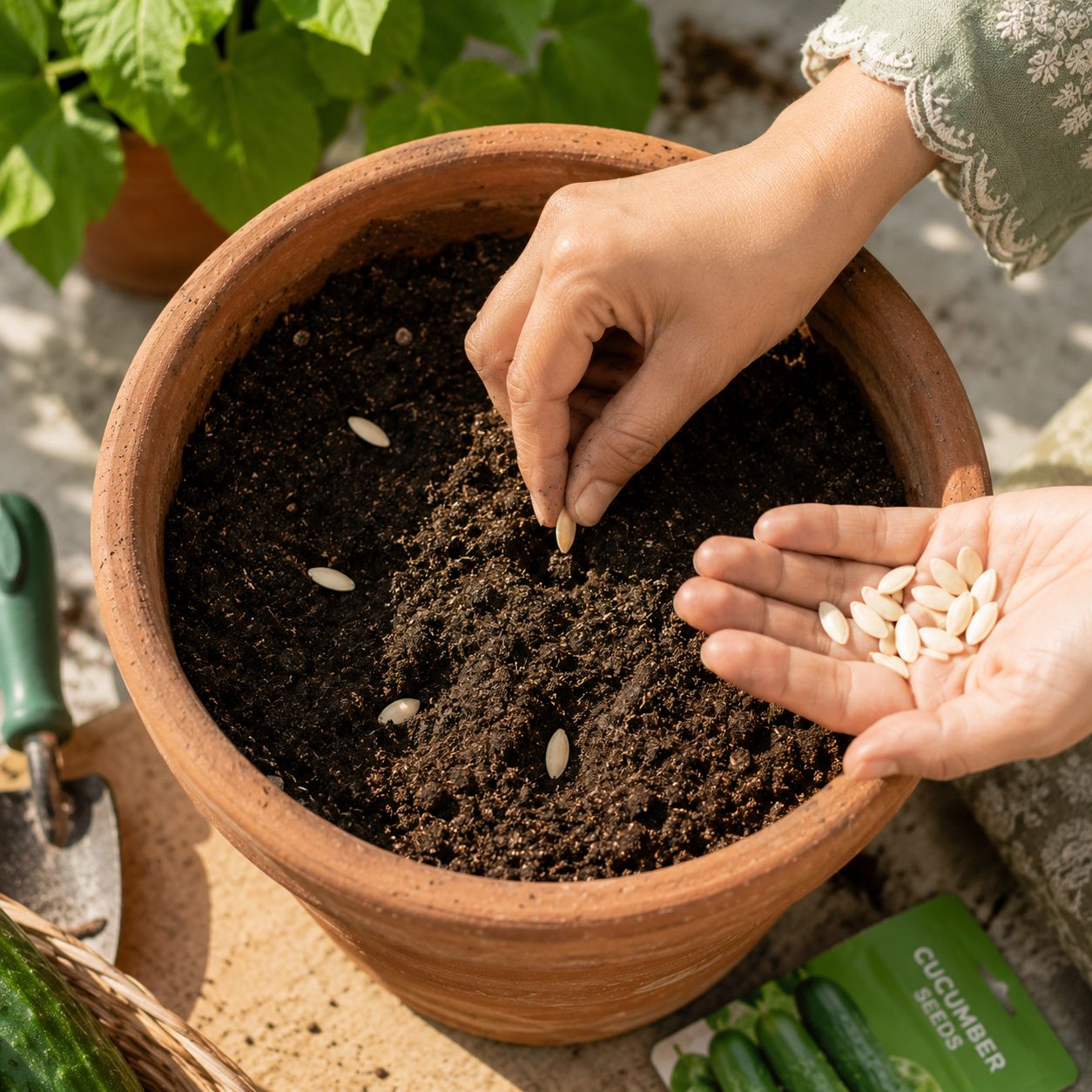 Cucumber seeds being held in a gardener's palm
