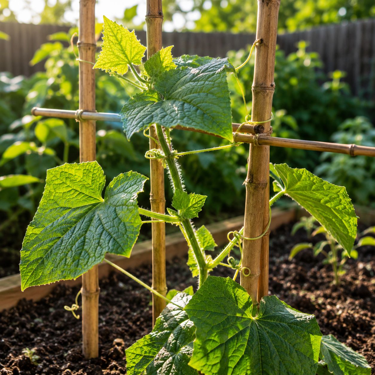 Young cucumber vine climbing a trellis