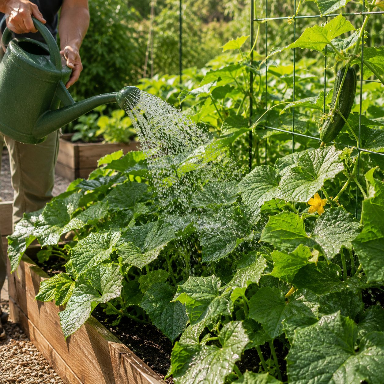 Watering cucumber plants in a home garden