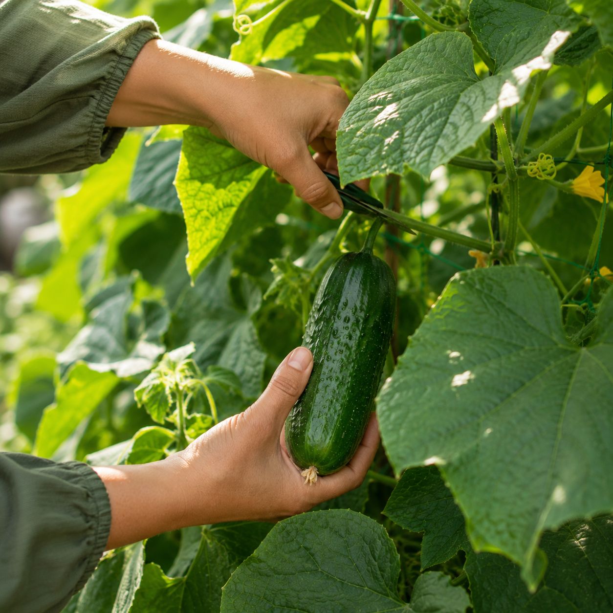 Hands harvesting fresh cucumber from vine