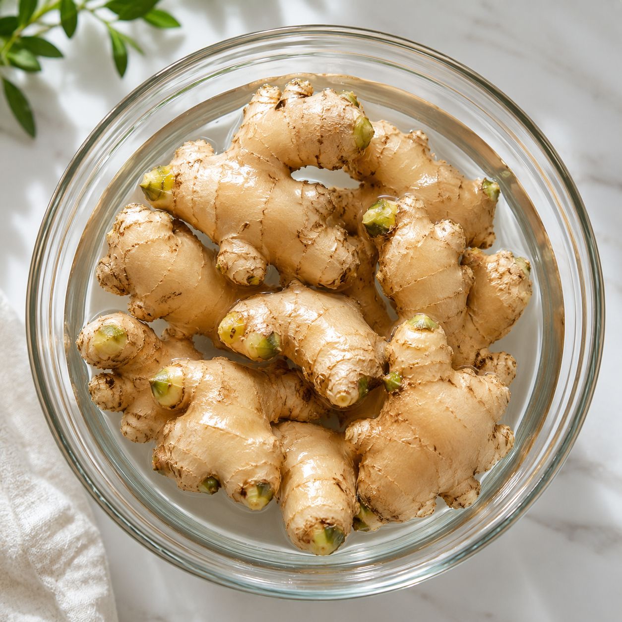 Fresh ginger root pieces with visible green eyes soaking in a bowl of warm water on a kitchen counter