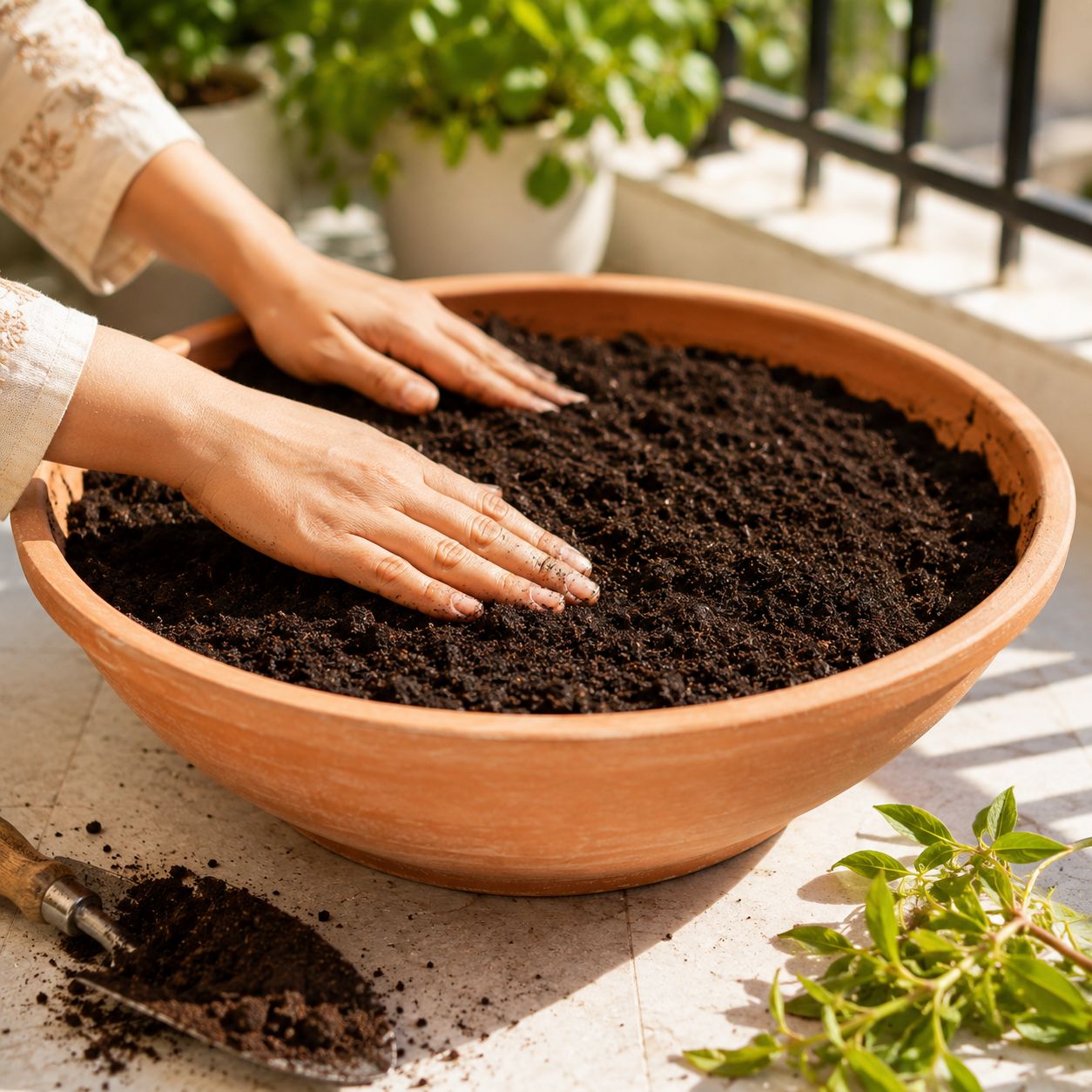 Wide shallow terracotta pot being filled with rich dark compost-mixed potting soil