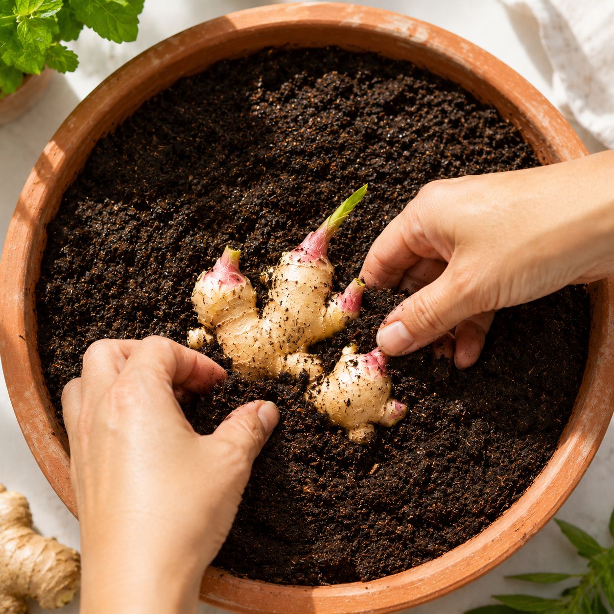 Hands gently placing a sprouted ginger rhizome onto soil surface with eyes pointing upward, barely covering it
