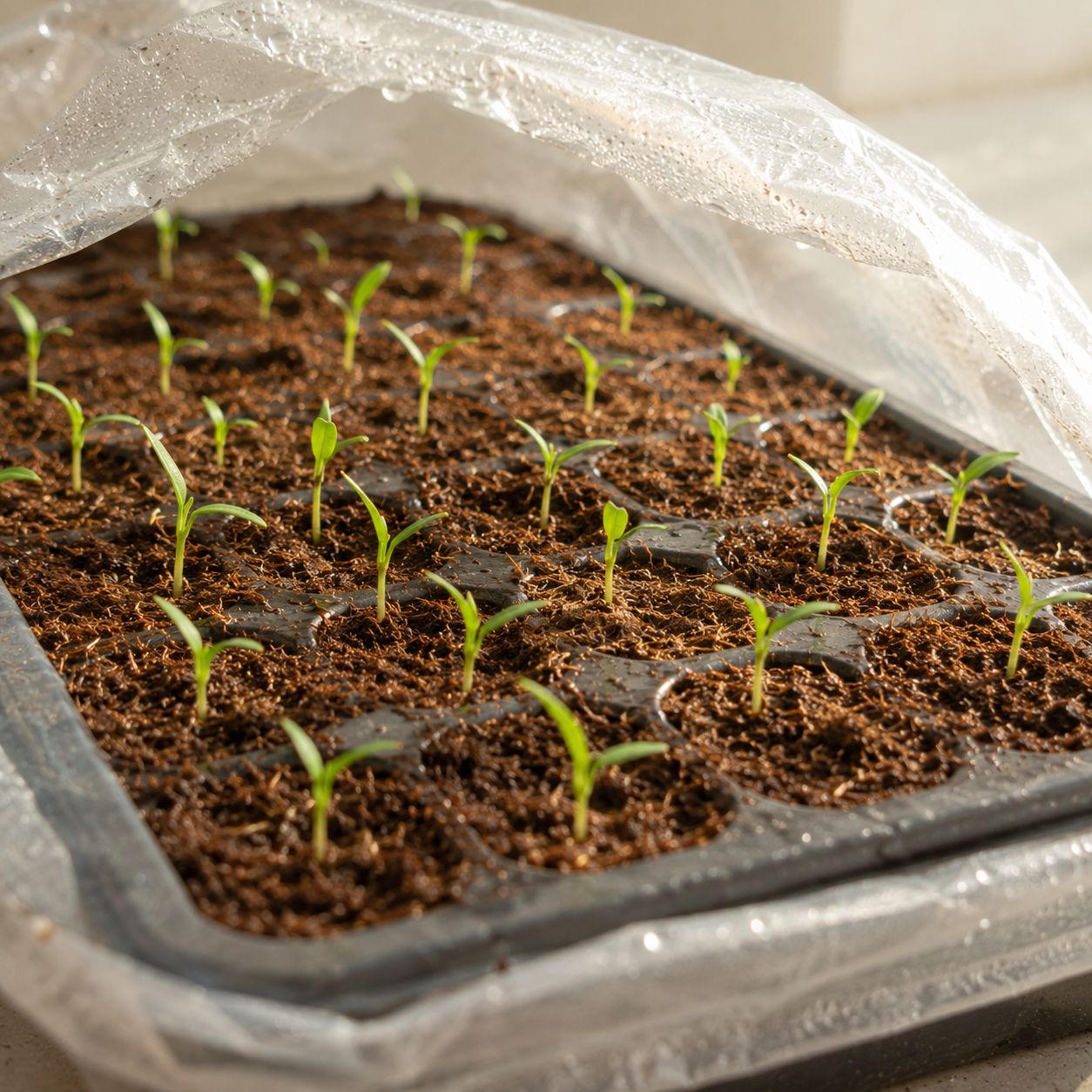 Small seed tray with dark cocopeat soil showing tiny green chilli seedlings just beginning to emerge, kept in a warm spot with indirect light, close-up lifestyle photography