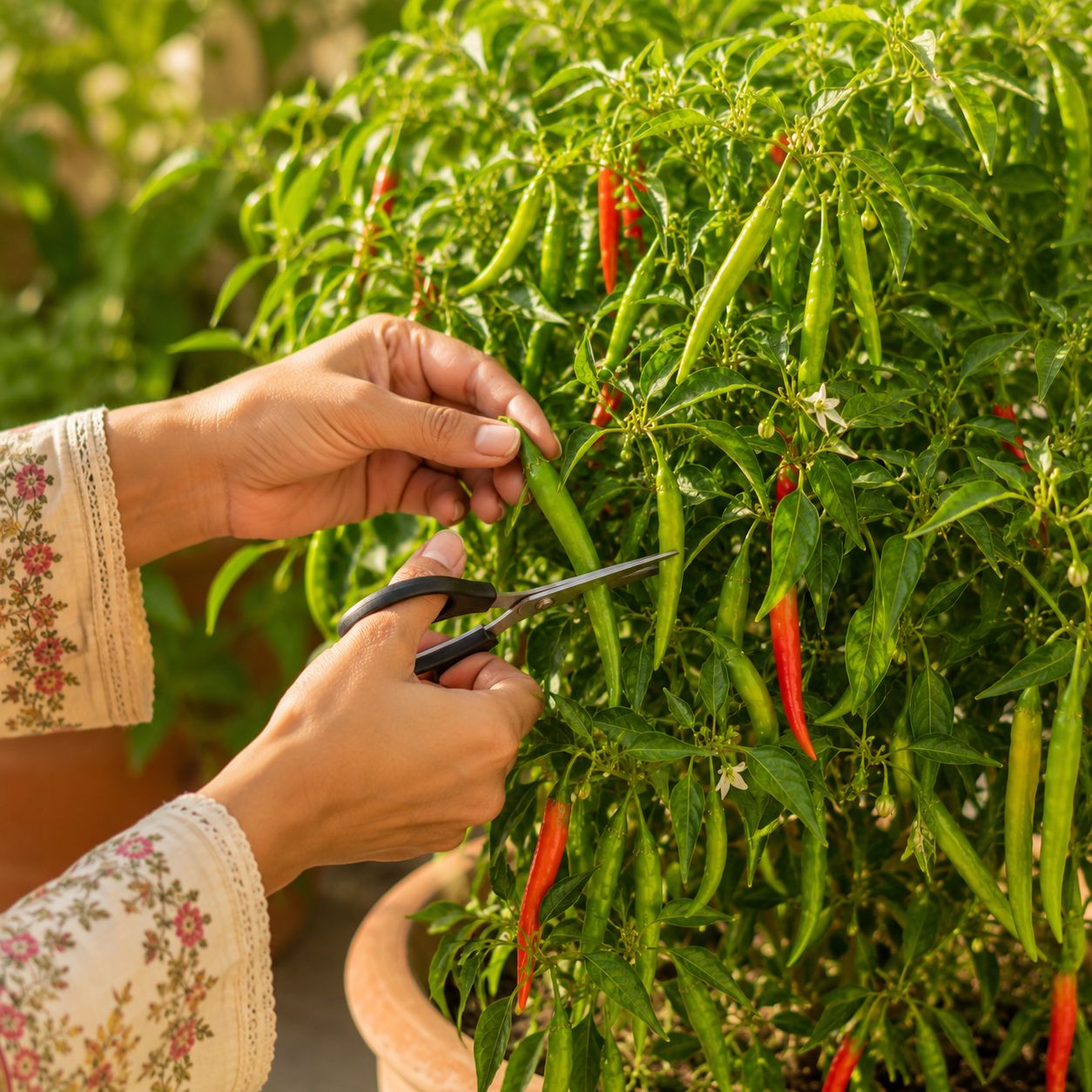 Hands picking bright green chillies from a heavily fruiting plant, scissors cutting the stem just above the fruit, more green and beginning-to-red chillies visible all around