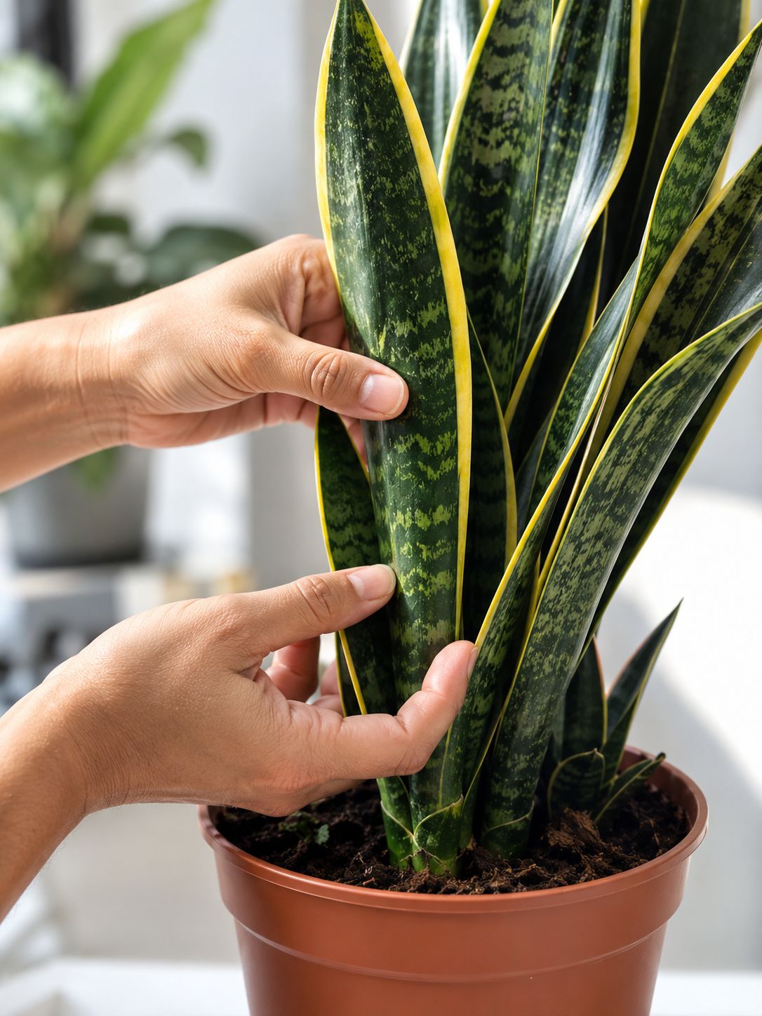 A healthy snake plant with firm upright dark green leaves with golden edges being examined by hands in a nursery setting, checking for firm leaves and healthy roots