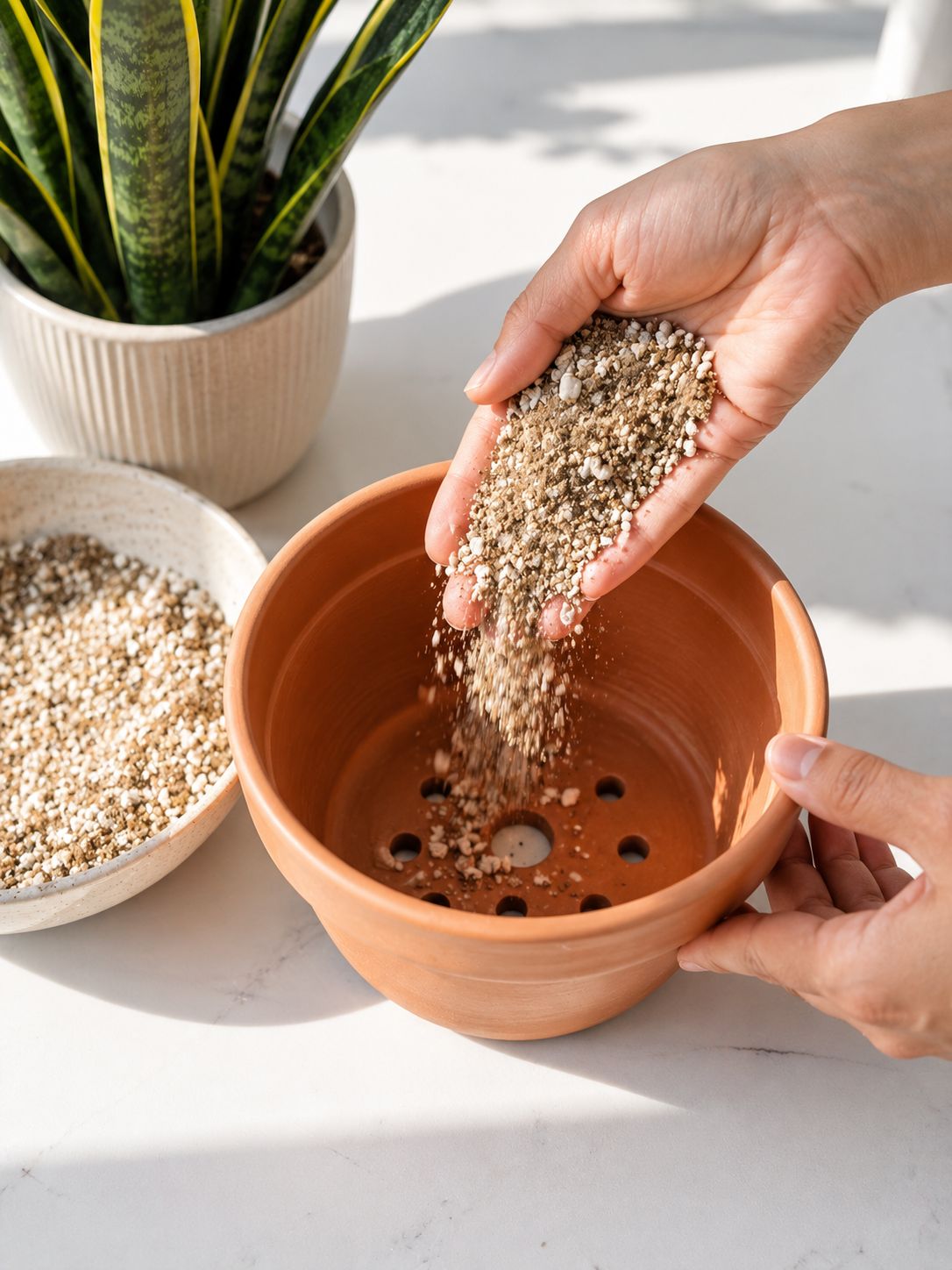 Close-up of hands filling a terracotta pot with a light, gritty cactus and perlite soil mix for a snake plant, drainage holes visible at the base