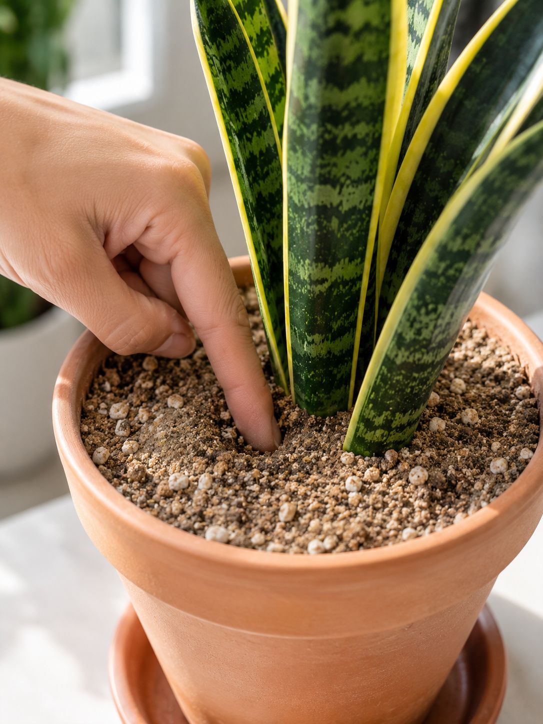A finger testing soil moisture in a snake plant pot, pressing two inches deep into dry, sandy-looking potting mix, bright natural indoor light