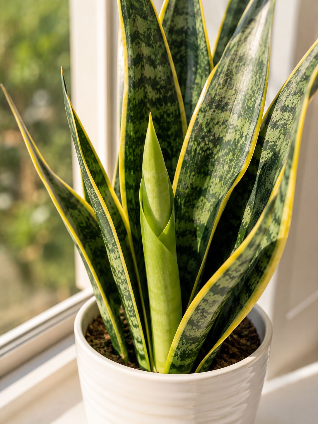 Snake plant in a bright room beside a window showing healthy new leaf emerging from the centre, warm afternoon light, clean lifestyle photography
